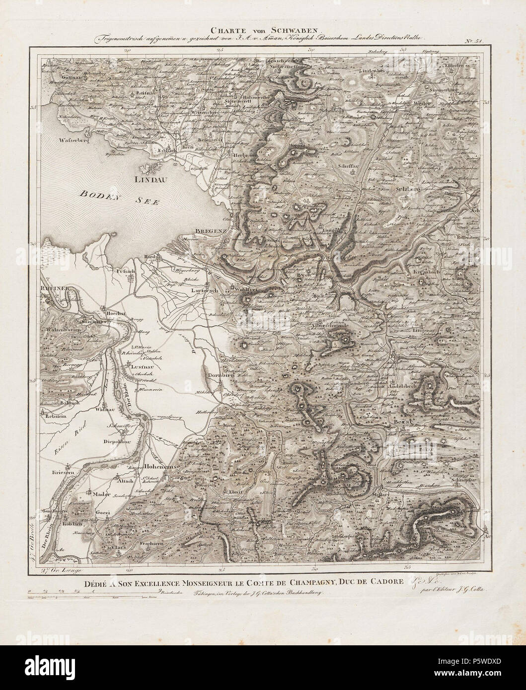 N/A. Charte von Schwaben. Blatt 51 [Bregenz]. Zwischen 1798 und 1828. Ignaz Ambros von Amman 332 Charte von Schwaben Tafel 51 Bregenz Stockfoto