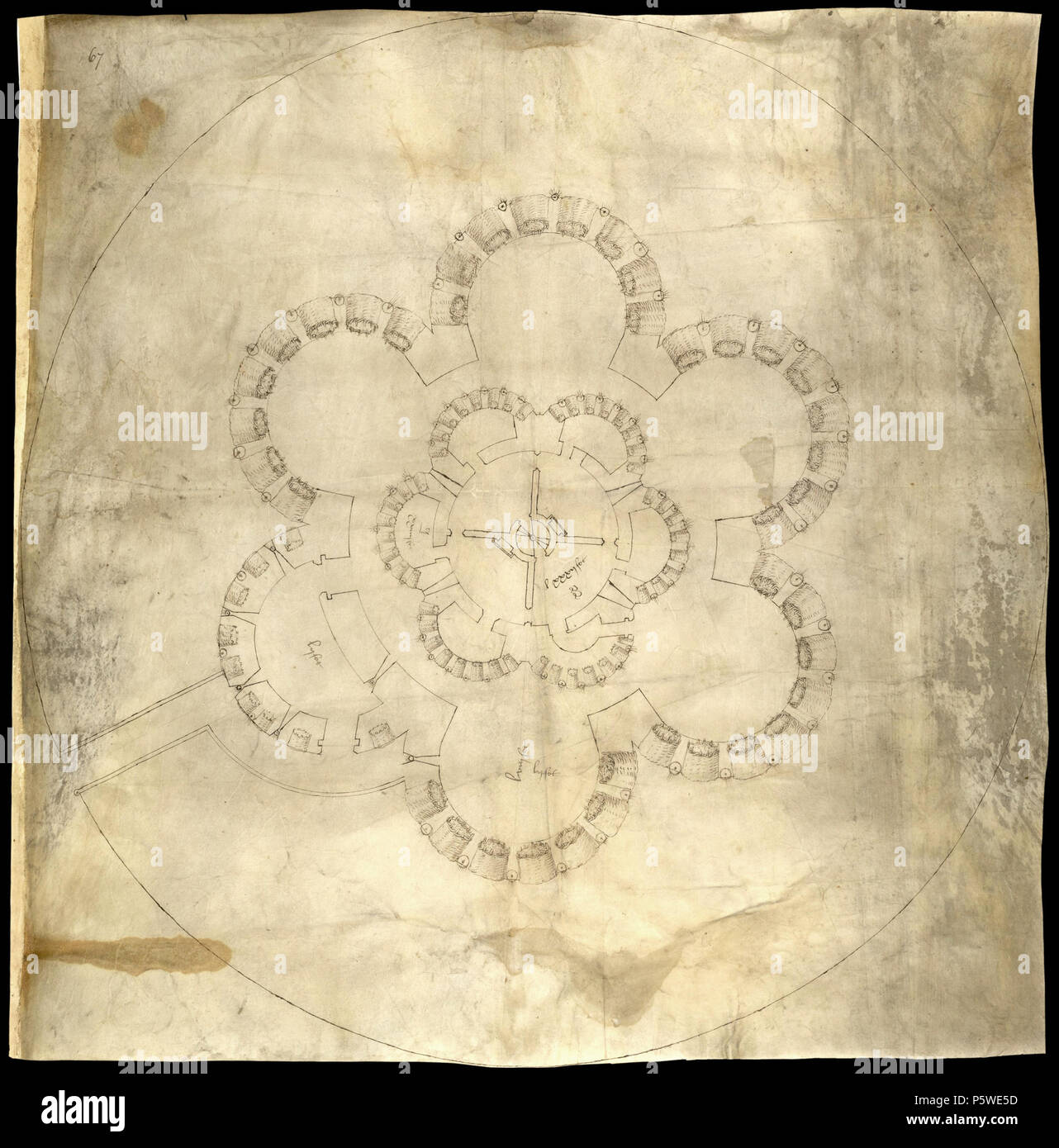 N/A. Englisch: 1539 Plan der Deal Castle, Kent. 1539. "Es ist wahrscheinlich, dass diese Zeichnung aus der Zeichnung Amt der Hampton Court Team verantwortlich für den Bau der Burgen in den Downs kam. Richard Benese wurde der Vermesser, mit William Clement und Christopher Dickenson arbeiten als Tischler und Maurermeister." 430 Deal Castle plan 1539 Stockfoto