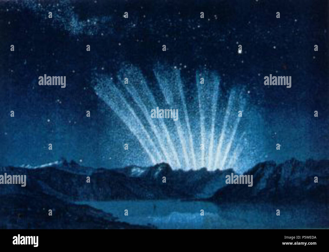 N/A. Komet C/1743 X1, Der große Komet von 1744, oder "Comet de Cheseaux-Klinkenberg', um 4 Uhr morgens am 9. März 1744, die sechs Endstücke über den Horizont steigt. 1877. Amedee Guillemin, nach Jean-Philippe de Cheseaux 431 DeCheseauxklinkenberg Stockfoto