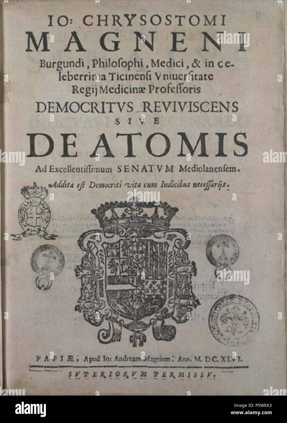 N/A. Englisch: Titel Seite von Demokrit reviviscens von Johann Chrysostomus Magnenus. 1646. Unbekannt 434 Demoncritus Reviviscens Titel Seite Stockfoto