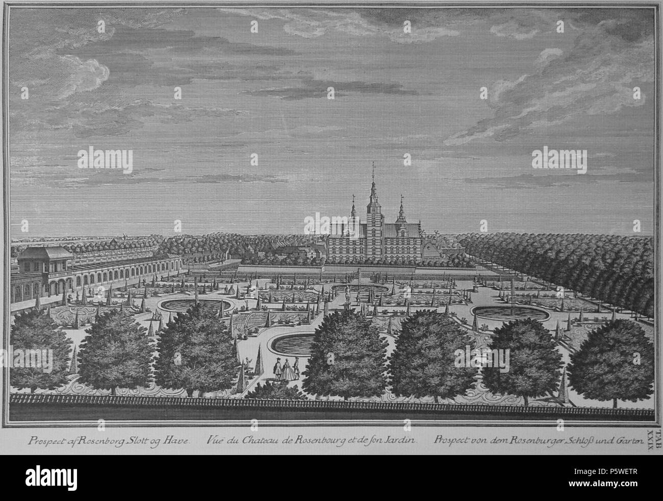 N/A. Englisch: Aussicht auf Schloss Rosenborg und Garten. Dansk: Aussicht af Rosenborg slot og haben. Français: Vue du Chateau de Rosenbourg et de son Jardin. English: Aussicht von dem Rosenburger Schloß und Garten. 1746 (Publikation). Lauritz de Thurah (1706 - 1759) 435 Den danske Vitruvius1" 029-Aussicht af Rosenborg Slott og Haben Stockfoto