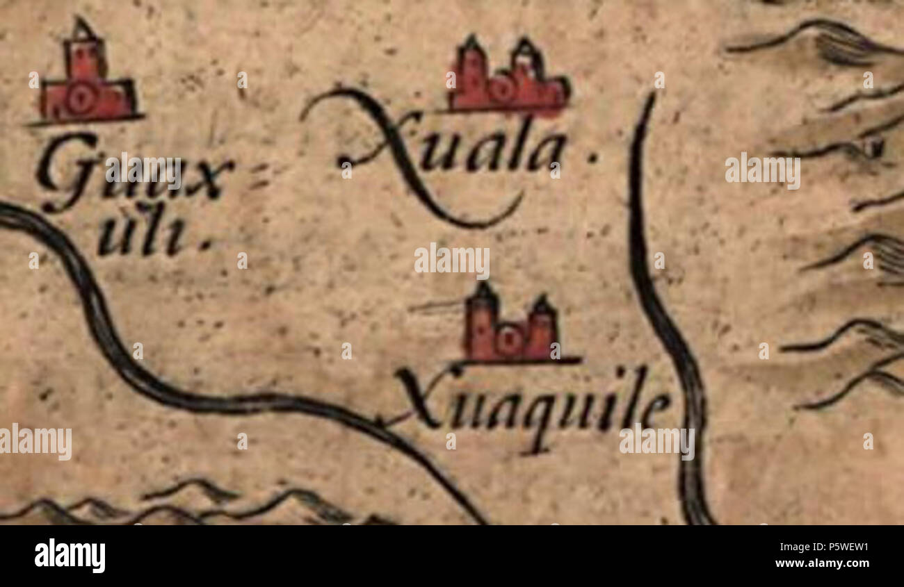N/A. Englisch: Detail der Native American Dorf von Joara (geschrieben "Xuala' auf der Karte) und zwei benachbarte Dörfer in, was jetzt North Carolina im Südosten der Vereinigten Staaten, auf Chiaves" 1584 Karte von La Florida. Die Karte wurde vom spanischen königlichen Kartographen Geronimo Chiaves gezeichnet, und war wahrscheinlich auf der Basis von Konten von Mitgliedern des Hernando De Soto Expedition (1539-1543). Die Karte wurde ursprünglich in Abraham Ortelius Theatrum Orbis Terrarum im Jahre 1584 veröffentlicht. 1584. Geronimo Chiaves, Abraham Ortelius 338 Chiaves - Karte - xuala-1584 Stockfoto