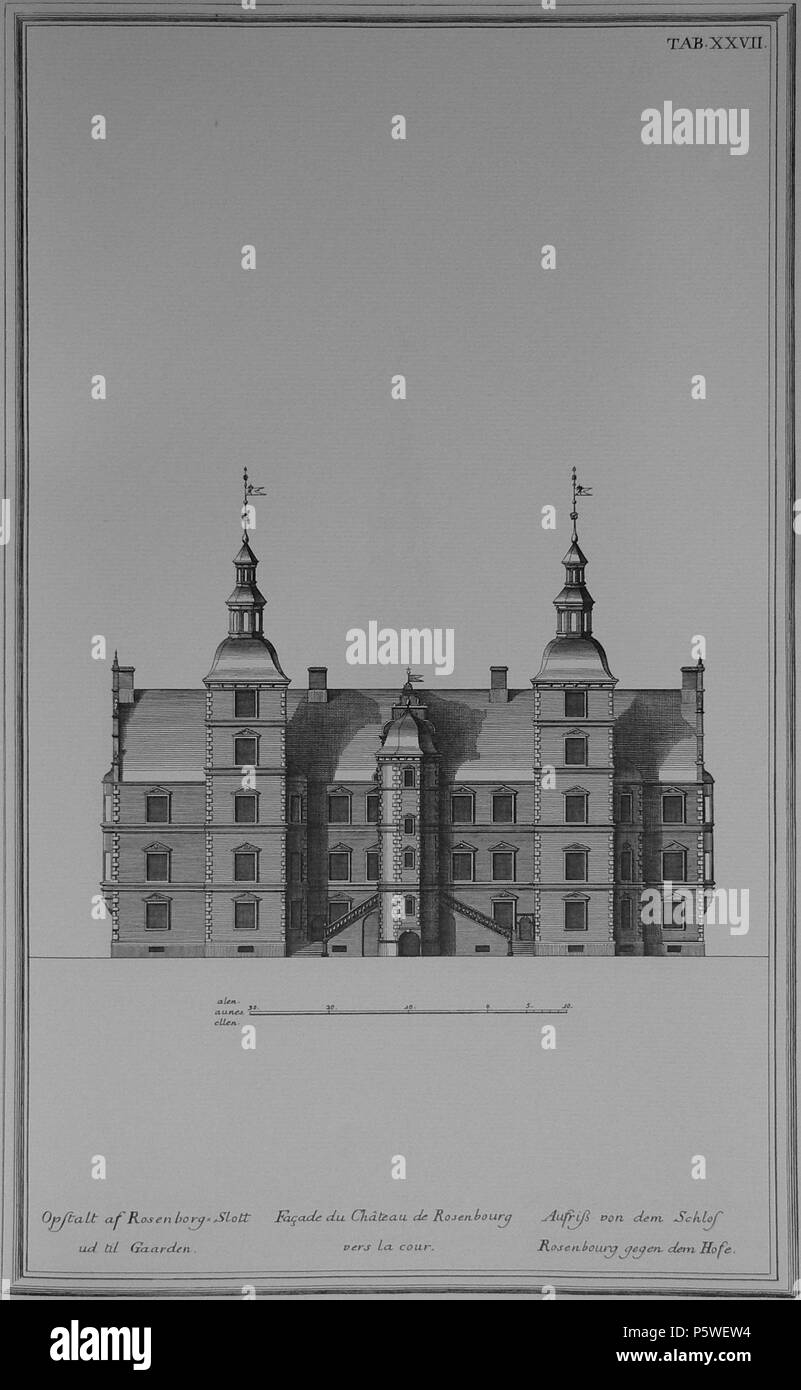 N/A. Englisch: Erhöhung von Schloss Rosenborg in Richtung Hof. Dansk: Opstalt af Rosenborg slot ud til gården. Français: Fassade du Château de Rosenbourg vers la cour. English : Aufriß von dem Schlos Rosenbourg gegen dm Höfe. 1746 (Publikation). Lauritz de Thurah (1706 - 1759) 435 Den danske Vitruvius1" 027-Opstalt af Rosenborg Slott ud til Gaarden Stockfoto