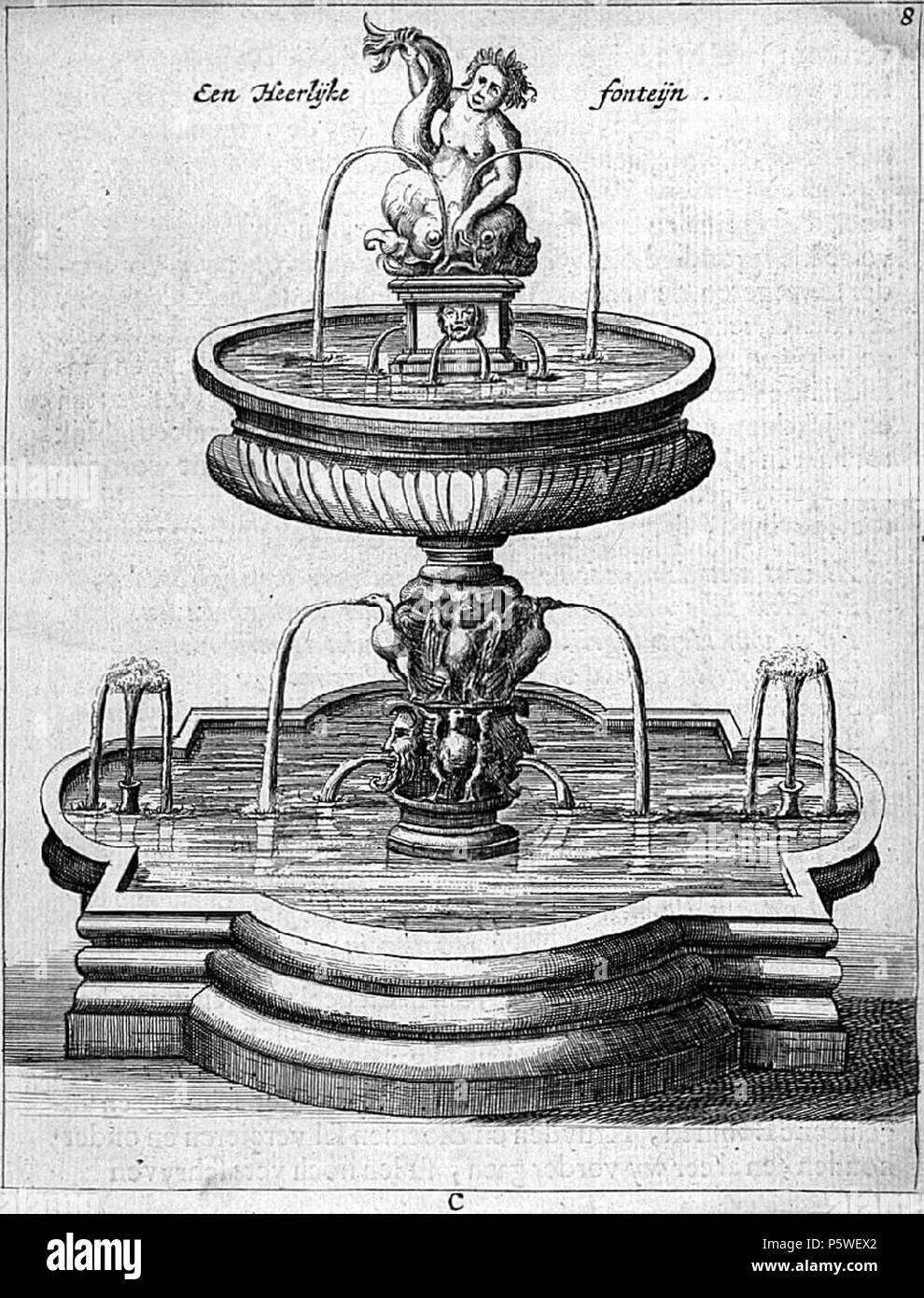 N/A. Abbildung 8. "Een Heerlijke fonteijn.". 1670. Jan van der Groen 435 den Nederlandtsen hovenier (1670) Abbildung 8. Stockfoto