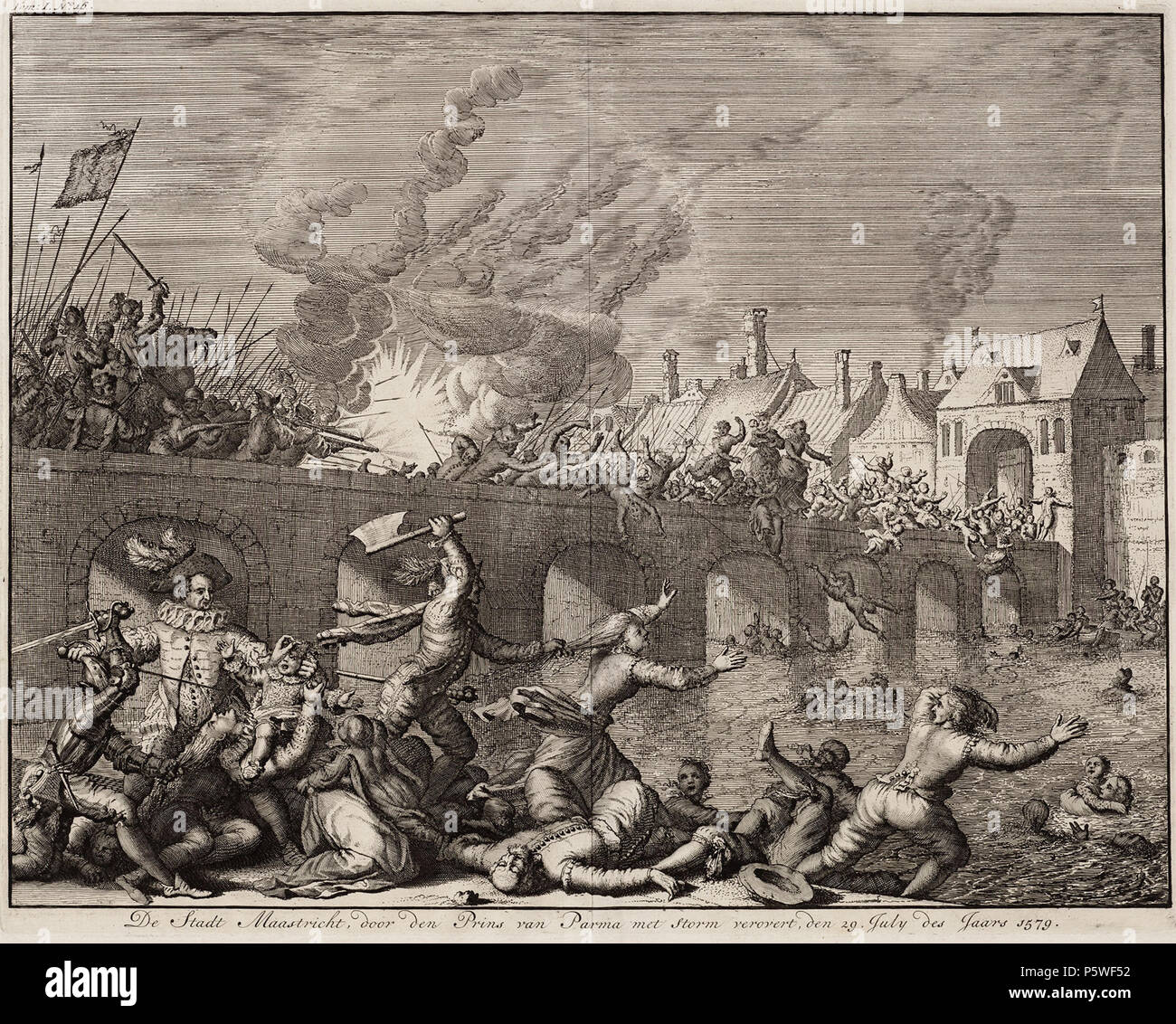 N/A. Deutsch: Das Erfassen von Maastricht im Jahre 1579 von Alexander Farnese, Herzog von Parma Nederlands: De inname van Maastricht Tür Alexander Farnese, Hertog van Parma. 1579. Jan Luycken427de Stadt Maastricht, Tür den Prins van Parma (Alexander Farnese) met Sturm verovert, den 29. Juli des jaars 1579 (Jan Luyken, 1679) Stockfoto