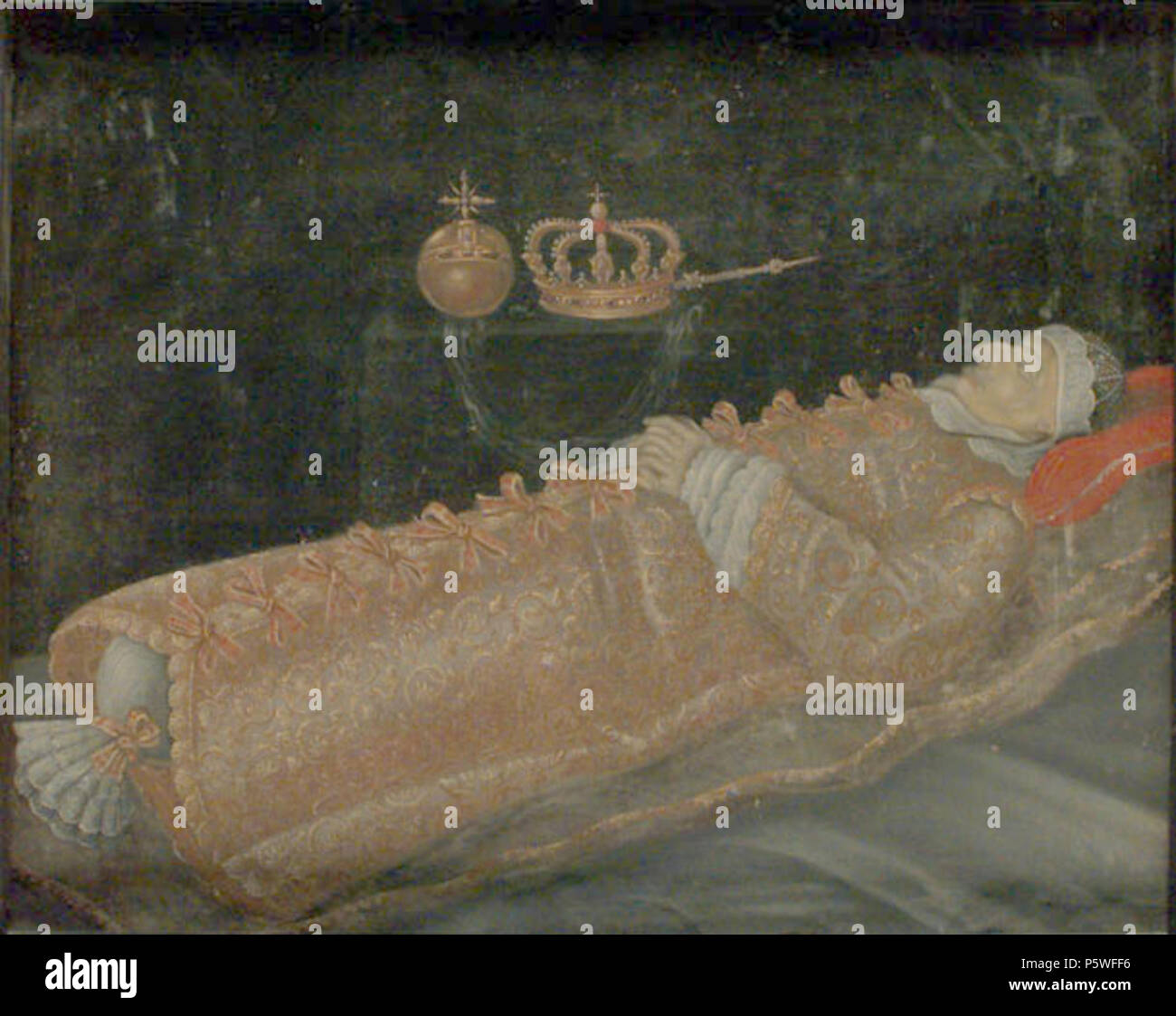 Christian IV. auf seinem Sterbebett. Die Krone abgebildet ist eine idealisierte Version, nicht die tatsächliche Krone von Christian IV N/A 344 Christian IV Sterbebett Stockfoto