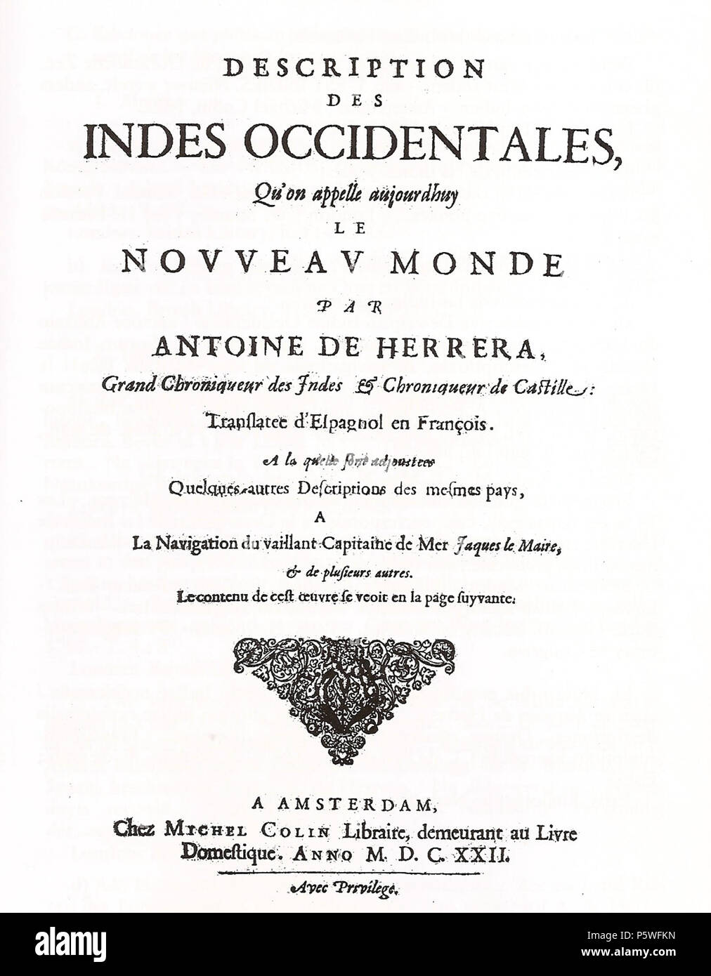 N/A. Español: Portada de 'Descripción de las Indias Occidentales", de Antonio de Herrera y Rueda de la edición de Amsterdam de 1622. 1622. Unbekannt 438 DescripcionHerreraAmsterdam Stockfoto