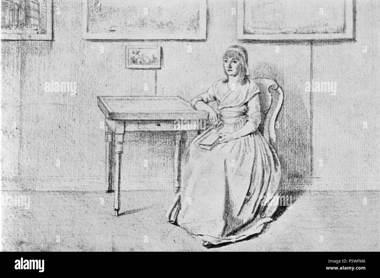 N/A. English: Christiane Vulpius (1765-1816) im Jägerhaus goethes Wohnung in Weimar. Zeichnung von Johann Heinrich Lips Das Bild zeigt die Mutter des kleinen siebenzwanzigjährige August im Jägerhause, das Goethe vorübergehend bewohnte. 31. Januar 2007 (original Upload Datum). Johann Heinrich Lips (1758 - 1817) Alternative Namen Johann Heinrich Lips Beschreibung Schweizer Graveur Geburtsdatum / Tod 29. April 1758 5. Mai 1817 Ort der Geburt / Todes Kloten bei Zürich Kloten bei Zürich Authority control: Q 1384162 VIAF: 54347880 ISNI: 0000 0000 7996 5534 ULAN: 500009780 LCCN: Nr: 118947 90024872 GND Stockfoto