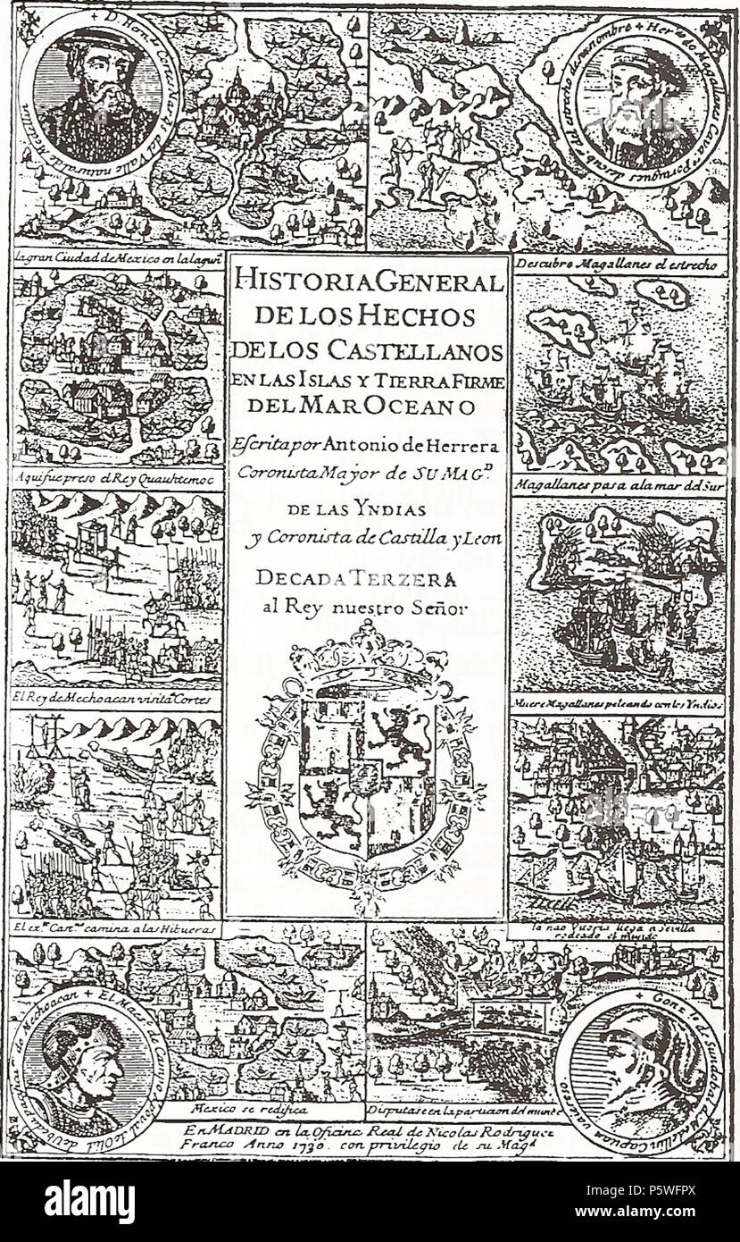 N/A. Español: Portada de La Tercera Década de Antonio de Herrera y Rueda. 1730. Unbekannt 431 Decada 3 Herrera Stockfoto
