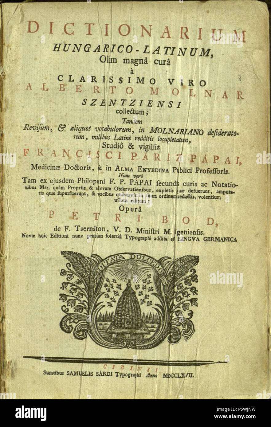 447 Dictionarium Hungarico-Latinum, Olim magnâ Momentan werden à clarissimo Viro Stockfoto