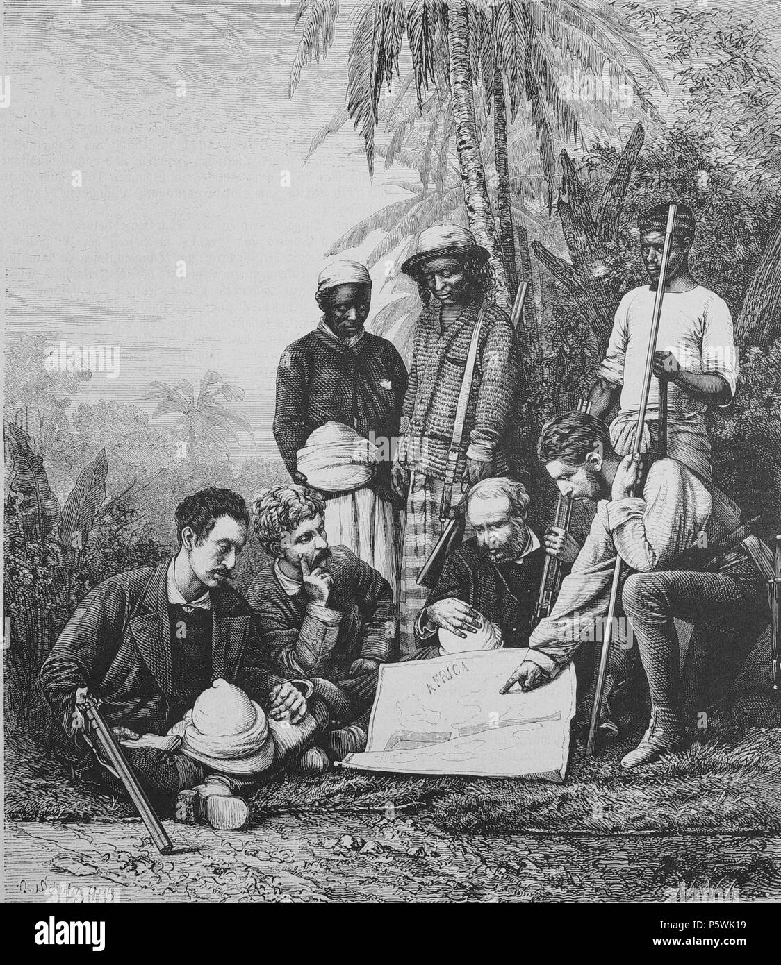 N/A. English: Henry Stanley und Mitglieder der portugiesischen Gesellschaft in Paolo de Loando. 1878. Unbekannt 452 sterben Gartenlaube (1878) b 113 Stockfoto