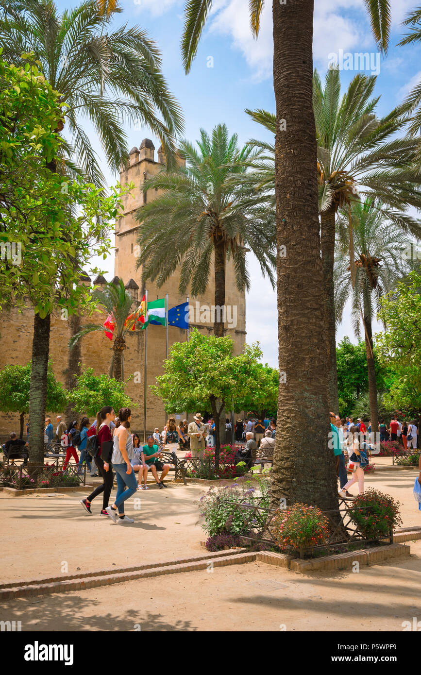 Cordoba Alcazar, Ansicht von Touristen im Palm Tree versammelt gesäumten Plaza vor der Alcazar de los Reyes Cristianos, Cordoba, Andalusien, Spanien. Stockfoto