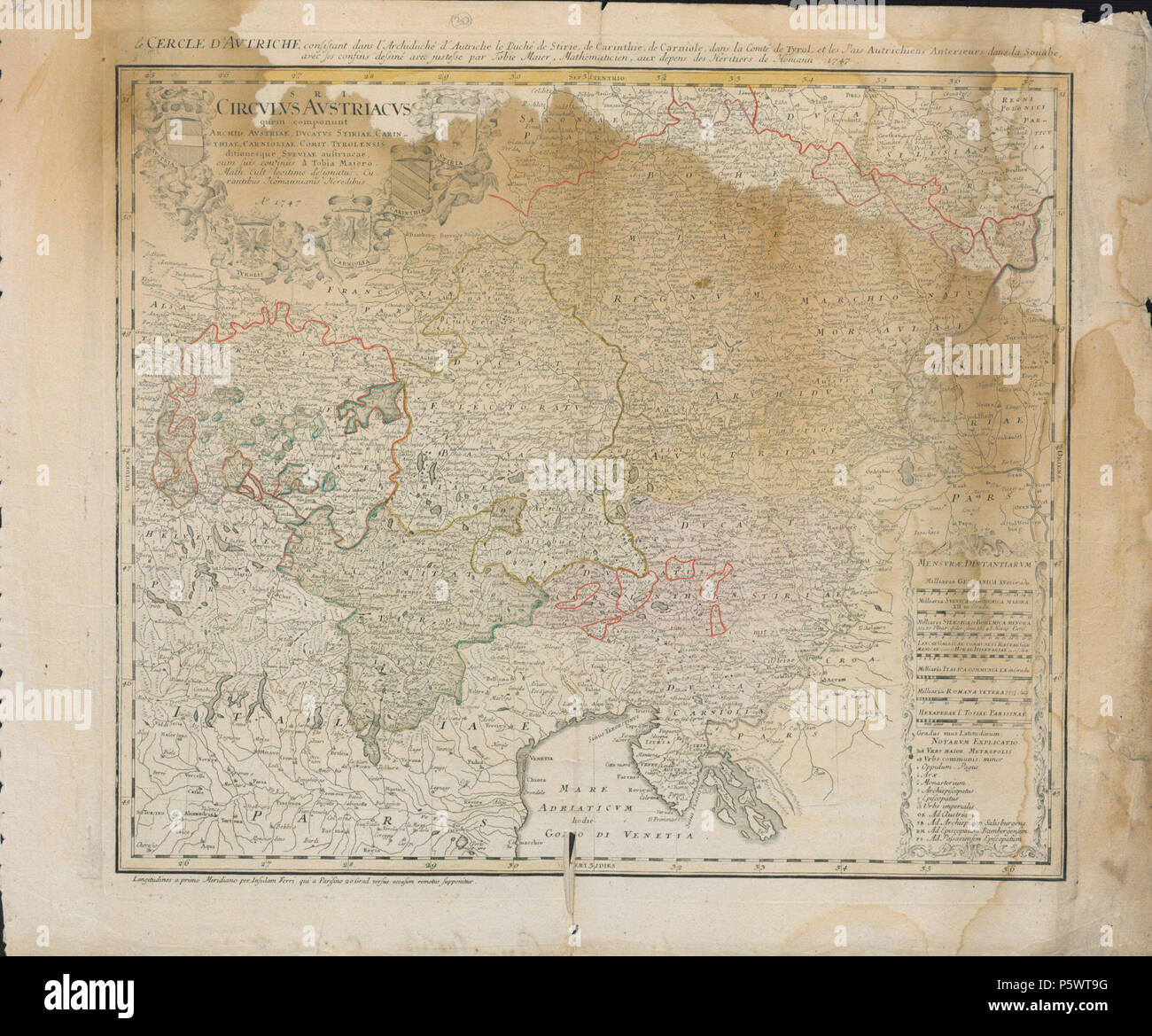 N/A. Latina: Circulus Austriacus quem componunt Archid. Austriae, Ducatus Stiriae, Carintihae, Carniolae, Comit. Tyrolensis. 1747. Johann Tobias Mayer 349 Circulus Austriacus quem componunt Archid. Austriae, Ducatus Stiriae, Carintihae, Carniolae, Comit. Tyrolensis 1747 Stockfoto