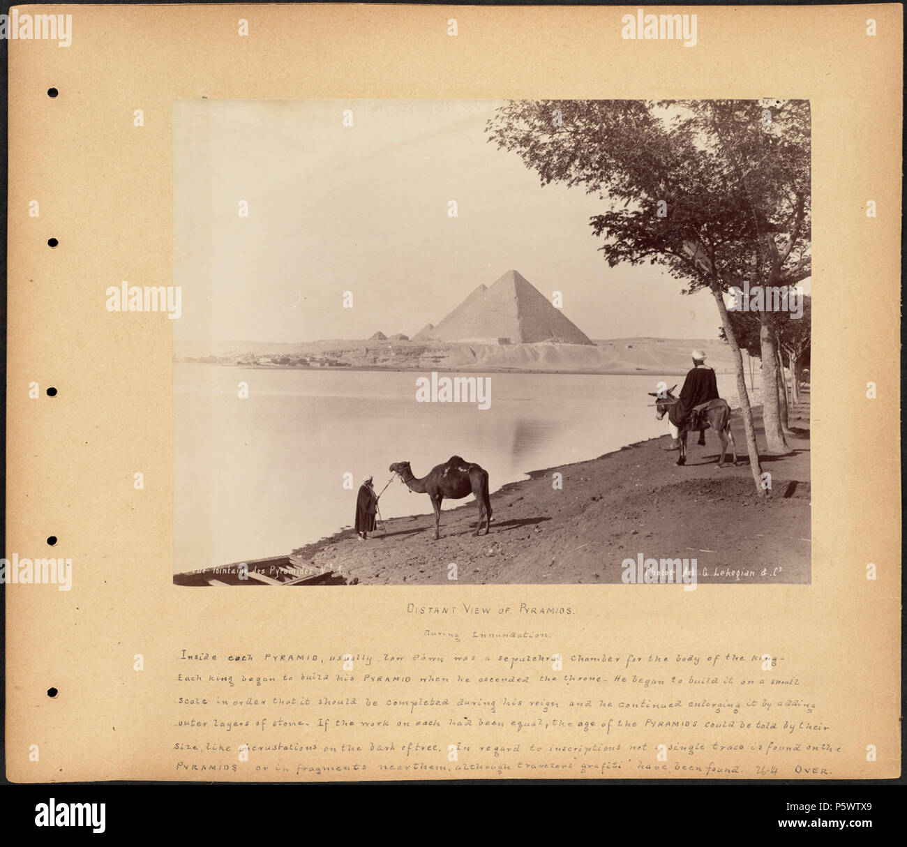 N/A. BPLDC Art.Nr.: 08 04 000015 Seite Titel: Sicht auf die Pyramiden Collection: Tupper Scrapbooks Collection Album: Band 26: Unterägypten. Pyramiden. Rufnr. 4098 B 104 V 26 (s. 14) Creator: Tupper, William Vaughn Beschreibung: Scapbook Seite mit einem Foto, die Ägyptischen Pyramiden während der Flut, mit Informationen über die Pyramiden beschriftet. Themen: Ägypten Reise Fotografie Pyramiden (Gräber) Ahrmt Jzah, al-Pyramiden -- Ägypten -- Al-Qhirah Seite Größe: 33 x 38,1 cm Anmerkungen: Innerhalb jeder Pyramide, in der Regel unten war ein Kammer für den Körper des Königs - Jeder König begann seine p zu bauen Stockfoto