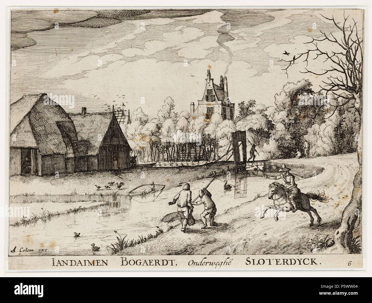 N/A. Deutsch: Beschreibung Iandaimen Bogaerdt, Onderweghe Sloterdyck Een boerderij Bij de voormalige Buitenplaats van Jan Deyman aan de Spaarndammerdijk. Op de Ruiter voorgrond een en Twee vissers. De voortekening voor de prent te Haarlem, Provinciale Atlas Noord-Holland (bestanddeelnr. 2995); een schets van de boerderij Staat achterop een tekening van huis Kostverloren (K 381-04, atlantnr. 10017686). De Buitenplaats lag ongeveer t.h.v. de huidige begraafplaats Sint Barbara. Datering voorstelling: Ca. 1608-1612. Techniek: ets. Documenttype prent Vervaardiger Visscher Claes Jansz (1587-1652 Stockfoto
