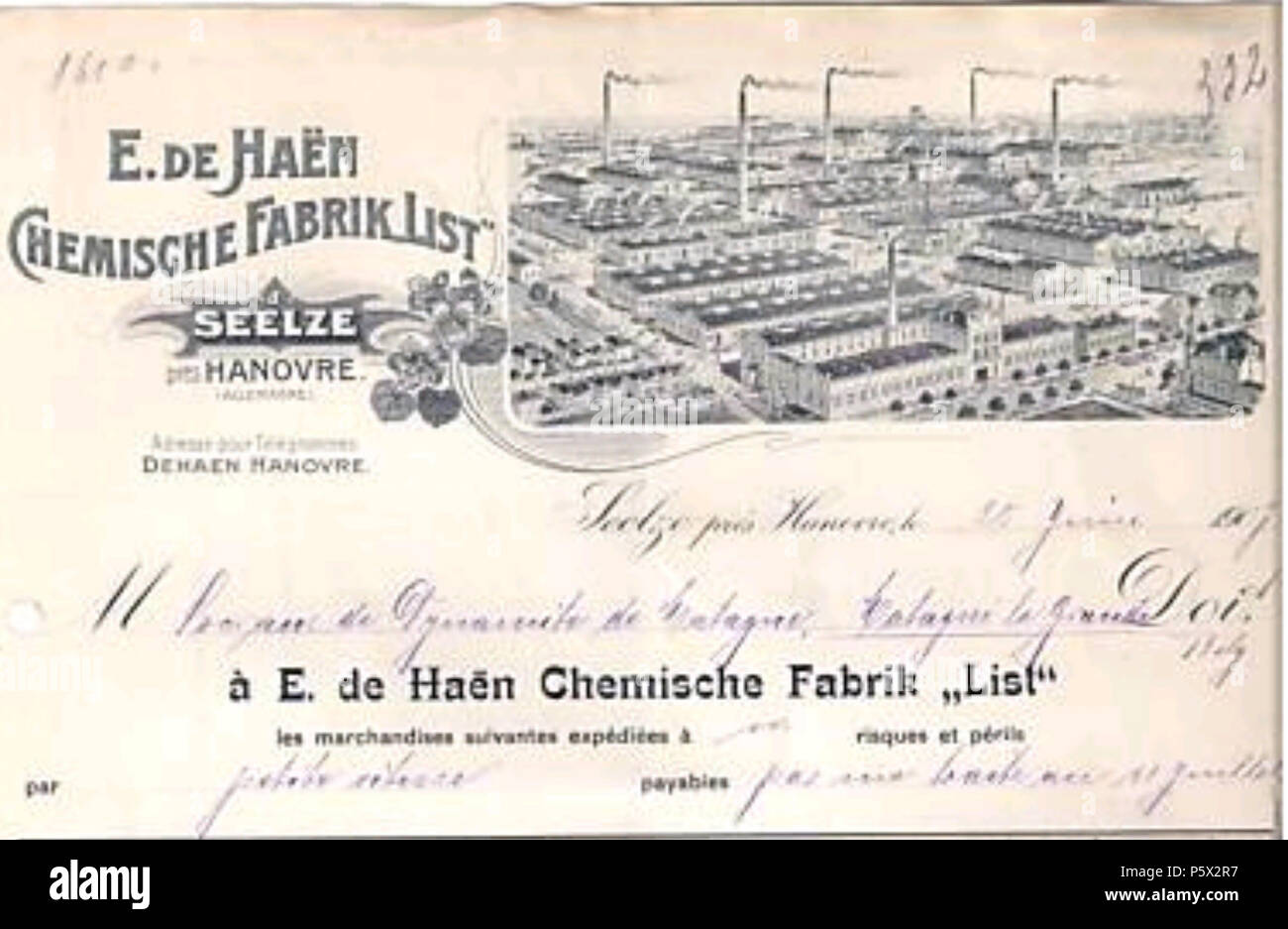 N/A. English: Briefkopf der Firma "Eugen de Haën Chemische Fabrik List' / Umzug in das neue Werk Seelze. 1905. Unbek/eigene Firma 489 E de Haën 1907 Briefkopf Stockfoto