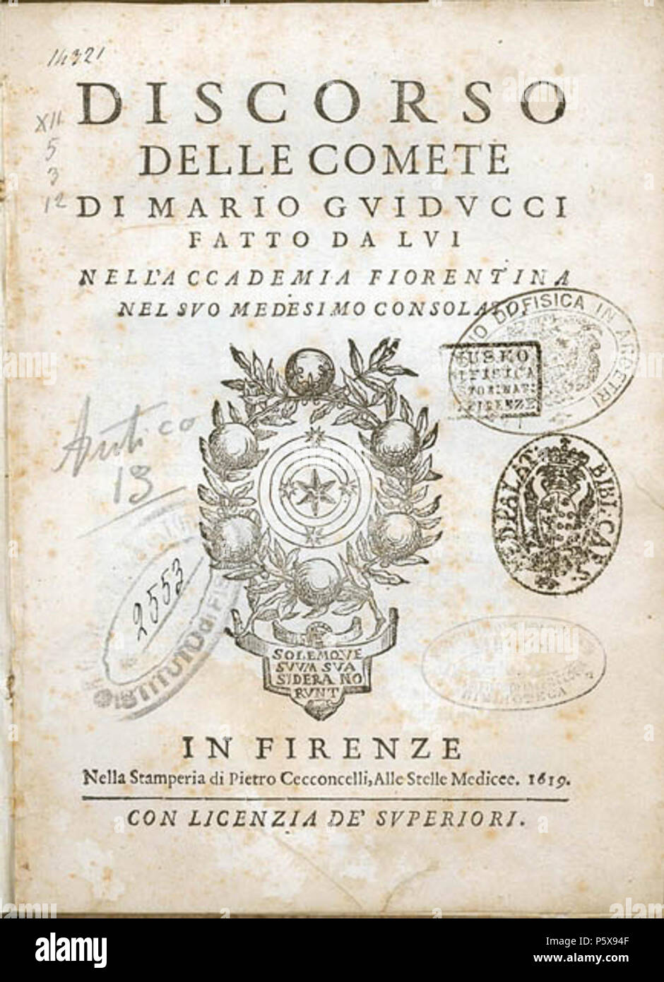 N/A. Italiano: Discorso delle comete, Firenze 1619. 1619. Mario Guiducci e Galileo Galilei 457 Discorso delle comete Stockfoto