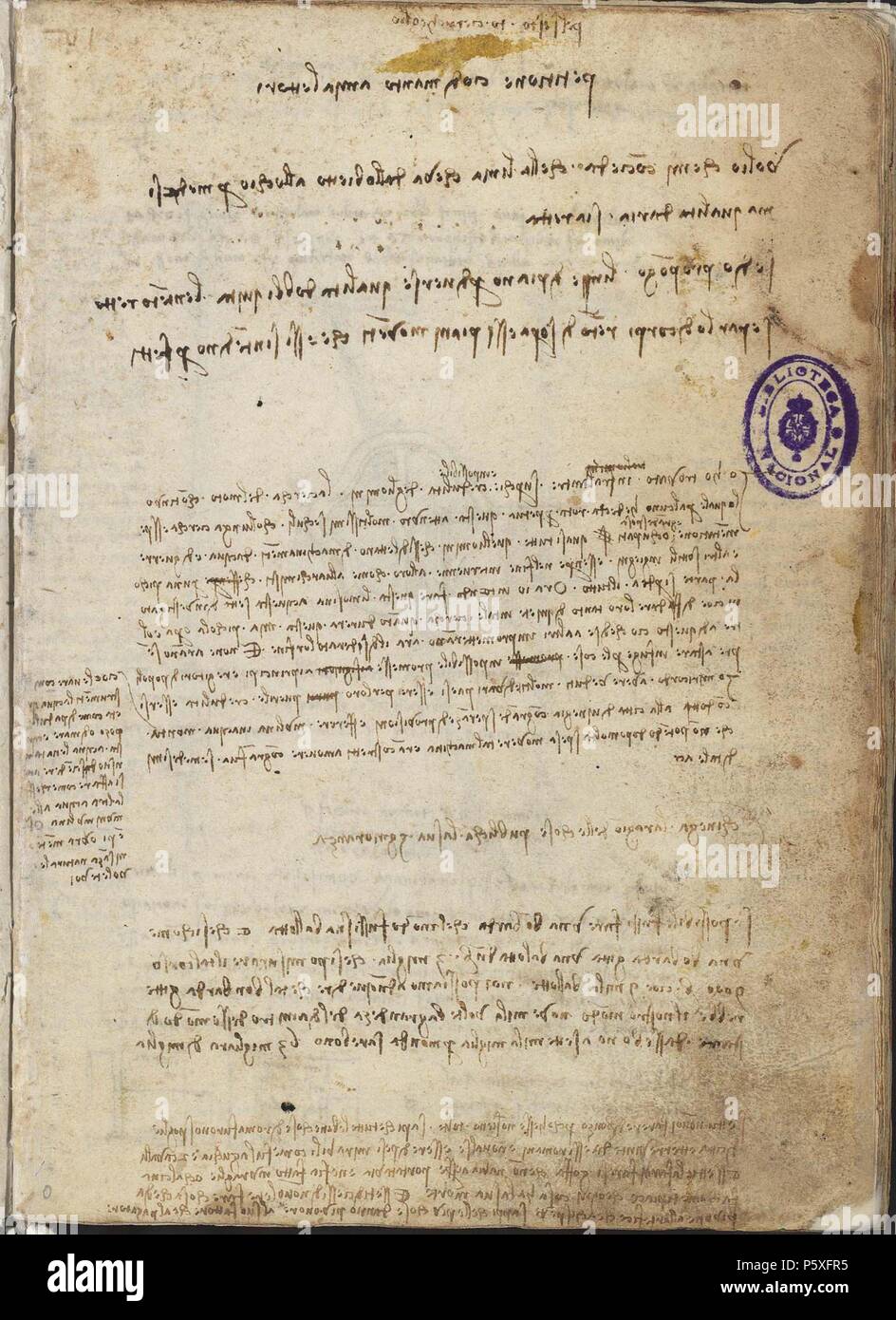 PAGINA DEL PARDO DE ESTATICA Y MECANICA - MANUSCRITO - SIGLO XV-RENACIMIENTO ITALIANO. Autor: Leonardo da Vinci (1452-1519). Lage: Biblioteca Nacional - COLECCION, MADRID, SPANIEN. Stockfoto