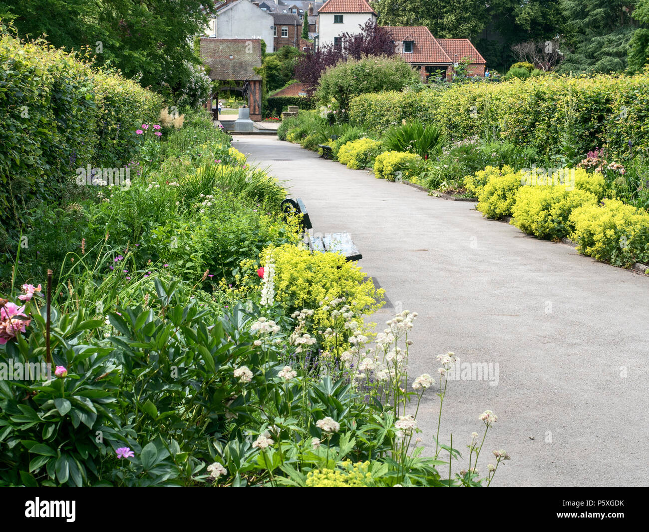 Zentrale Pfad zwischen Blumenrabatten in Parks Rowntree York Yorkshire England Stockfoto