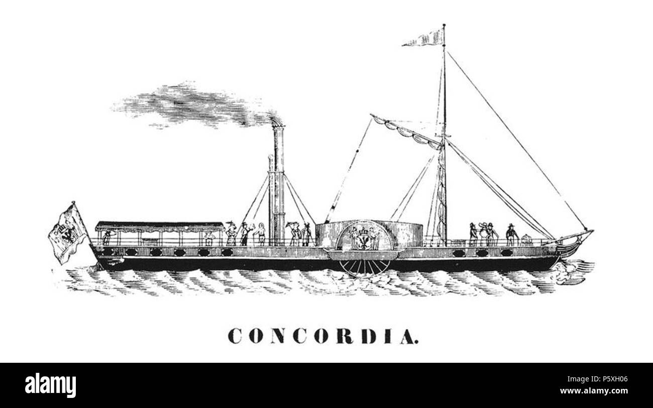 N/A. English: Erstes deutsches Dampfschiff. um 1830. Unbek, eingescannt 15.09.08 Benutzer: frila 374 Concordia 1. Dt. Rheindampfer Stockfoto