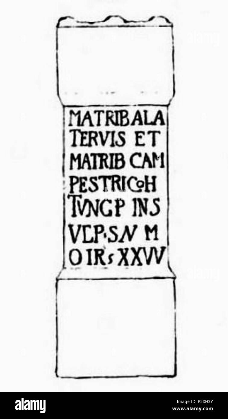 N/A. Englisch: eine Zeichnung der Inschrift auf einem Stein römischen Altar in Cramond in der Nähe von Edinburgh, Schottland (1794; Datenbank: AE 1977, 496 = RIPPE 2135). English: Epigraphische Datenbank Heidelberg HD 020221 English: Zeichnung der Inschrift eines römischen Steinaltars in Cramond nahe Edinburgh (1794). Text (AE 1977, 496 = RIPPE 2135): Matrib (us) Ala/tervis et matrib (us) Cam pestrib (us) coh (ortis) Ich [I] Tungr (ORUM) ins (Tante) VERSCARM/(centurione) leg(ionis) XX V (aleriae) v (ictricis) Übersetzung: "..." Español: Dibujo que reproduzieren un-Altar encontrado en Cramond (Gran Bretaña) correspondiente con la Aufschrift Stockfoto