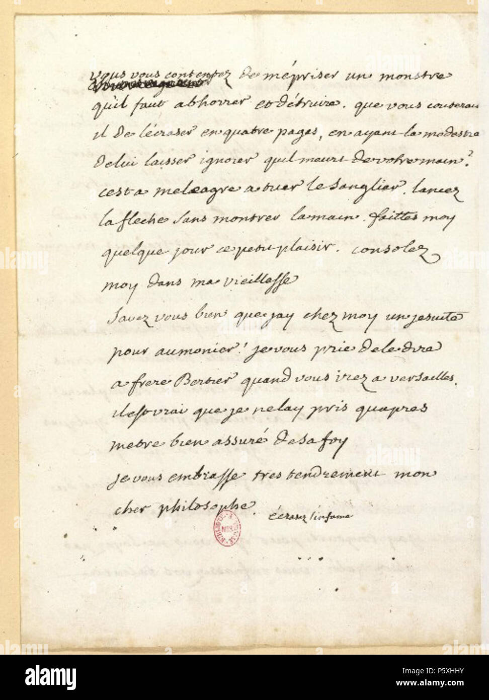 N/A. Englisch: Voltaires Handschrift mit seinem berühmten Satz "Ecrasez l'Linfâme', unten. Das Thema der Schrift ist die Affäre Jean Calas. 28. September 1763. Voltaire (1694 - 1778) Alternative Namen François-Marie Arouet Beschreibung der französische Philosoph, Dichter, Historiker, Essayist, Dramatiker und autobiographer Datum der Geburt / Tod am 21. November 1694 vom 30. Mai 1778 Ort der Geburt / Todes Paris Paris des 18. Jahrhunderts Authority control: Q9068VIAF: 36925746 ISNI: 0000 0001 2128 0652 ULAN: 500354532 80126267 LCCN: n NLA: 35153427 WorldCat 492 Ecrazer-l-infame-1 Stockfoto