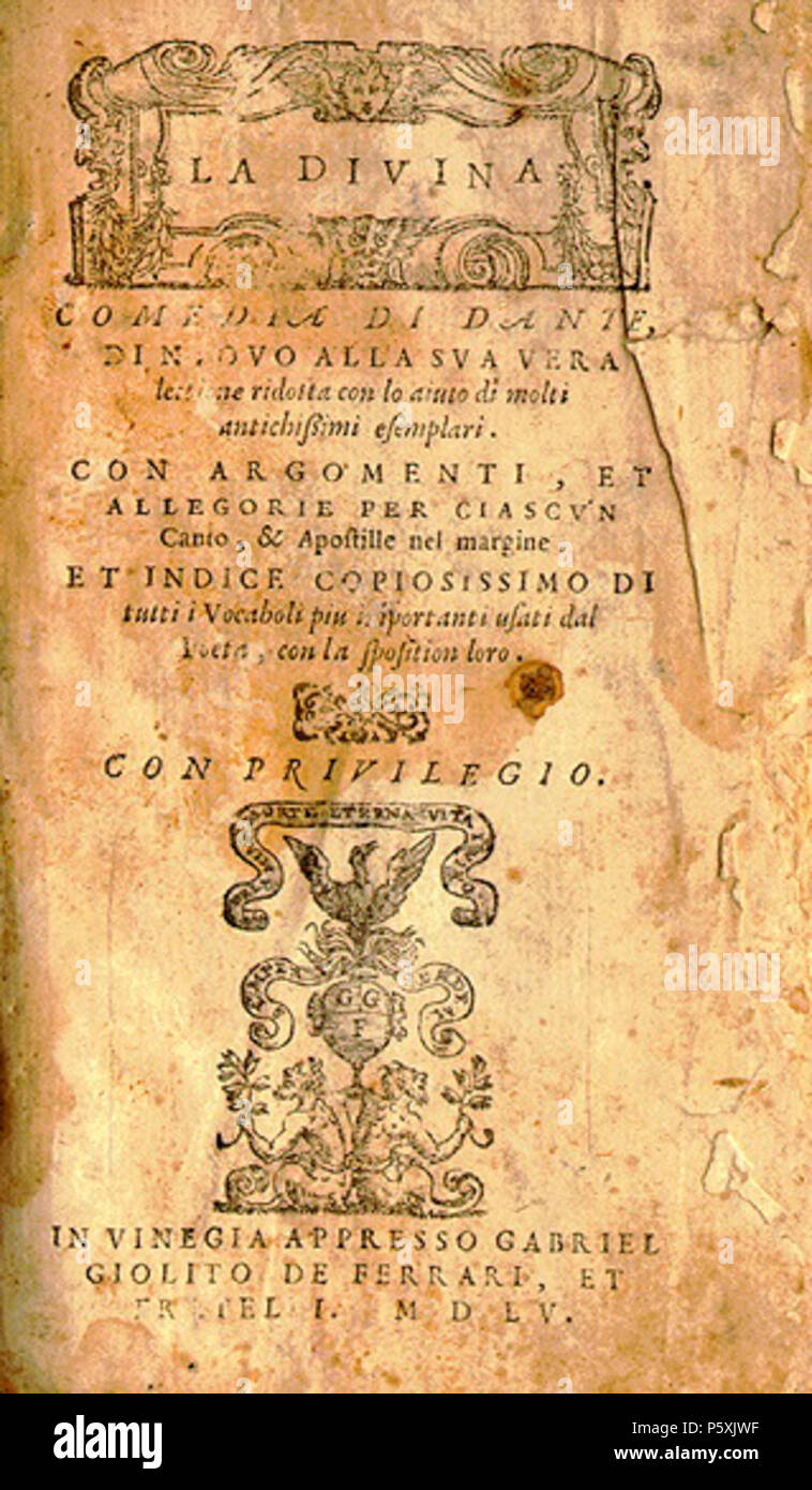 N/A. Titelseite von Dantes w: Divina Comedia (Göttliche Komödie), 1555. 1555. w: Dante 387 Abdeckung der Divina Commedia (Göttliche Komödie), ca. 1555 Stockfoto