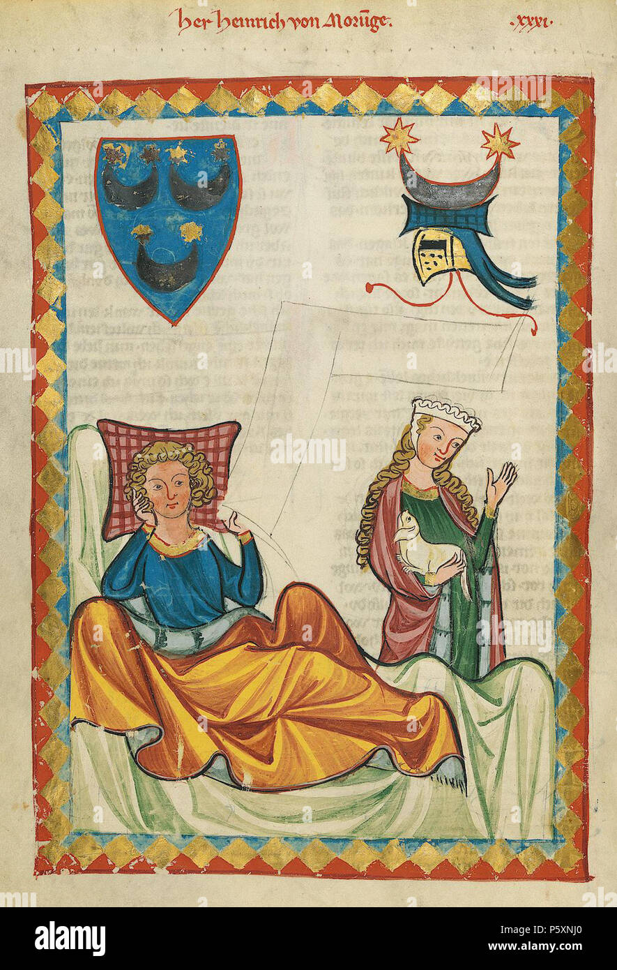 N/A. Deutsch: Codex Manesse, UB Heidelberg, Cod. Pal. germ. 848, fol. 76 v: Herr Heinrich von morungen. zwischen 1305 und 1315. Meister des Codex Manesse (Grundstockmaler) Beschreibung Deutsche Maler Arbeit Periode C. 1305 - 1340 (Codex Manesse) 363 076 v Heinrich von morungen Stockfoto