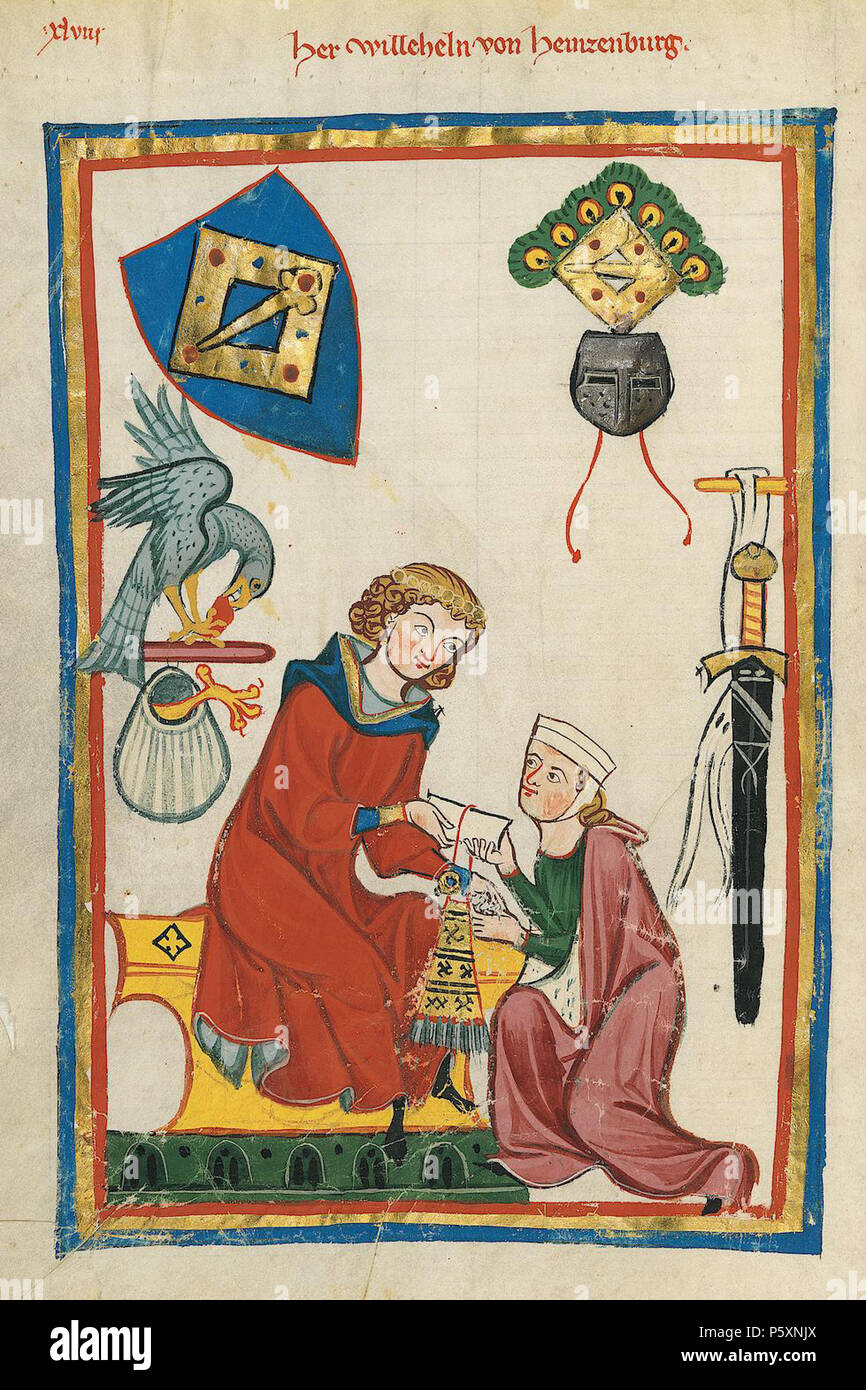 N/A. Deutsch: Codex Manesse, UB Heidelberg, Cod. Pal. germ. 848, fol. 162 v, Wilhelm von Heinzenburg, vermutlich Wilhelm III. von Heinzenberg (1264-1292) bezeugt. zwischen 1305 und 1315. Meister des Codex Manesse (Grundstockmaler) Beschreibung Deutsche Maler Arbeit Periode C. 1305 - 1340 (Codex Manesse) 363 162 v Wilhelm von Heinzenburg Stockfoto