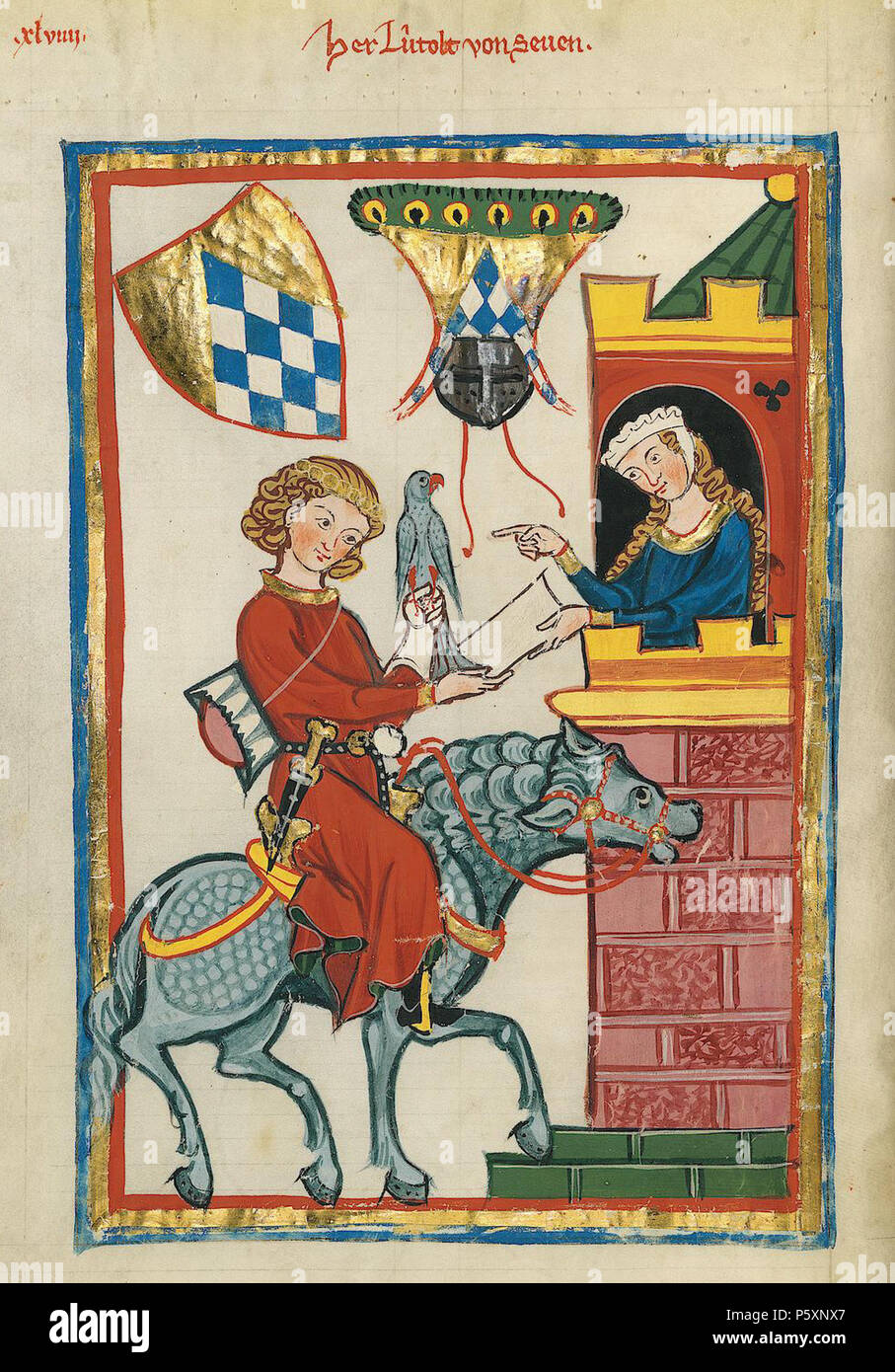 N/A. Deutsch: Codex Manesse, UB Heidelberg, Cod. Pal. germ. 848, fol. 164 v: Leuthold von Sieben. zwischen 1305 und 1315. Meister des Codex Manesse (Grundstockmaler) Beschreibung Deutsche Maler Arbeit Periode C. (1305- 1340) 363 Codex Manesse Folio 164 v Leuthold von Sieben Stockfoto