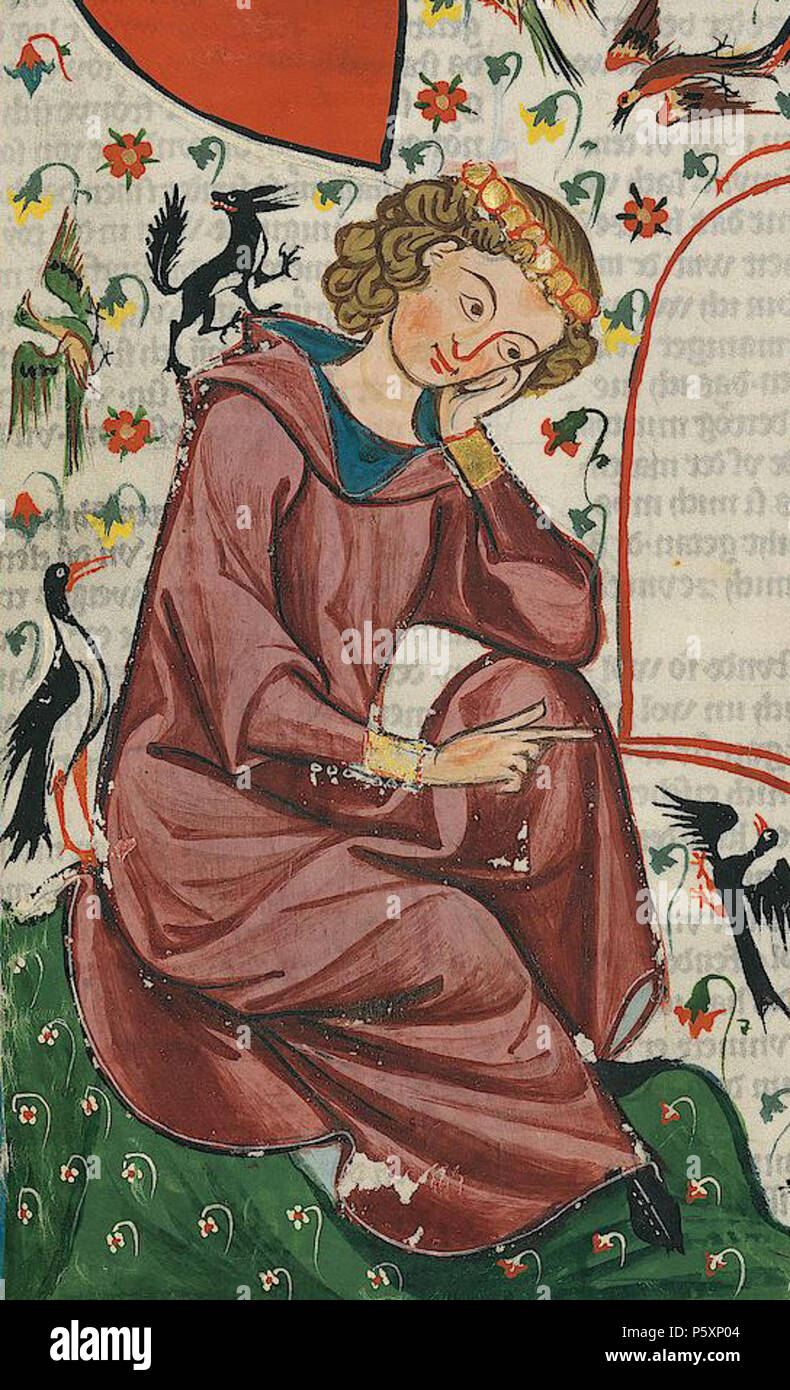 N/A. Deutsch: Codex Manesse, UB Heidelberg, Cod. Pal. germ. 848, fol. 30 r, Ausschnitt: Herr Heinrich-von-Veldeke. zwischen 1305 und 1315. Meister des Codex Manesse (Grundstockmaler) Beschreibung Deutsche Maler Arbeit Periode C. (1305- 1340) 363 Codex Manesse Heinrich-von-Veldeke (7/8) Stockfoto