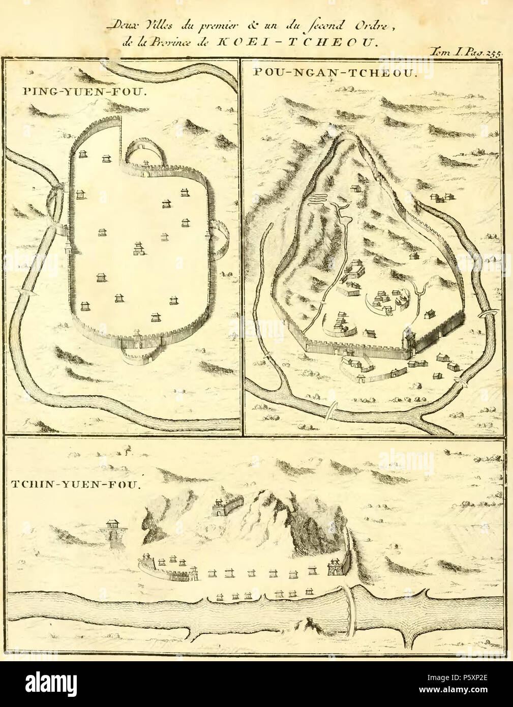 N/A. Englisch: Städte von Guizhou: Pingyuanfu (), jetzt Zhijin; Pu'anfu(); und (Zhenyuanfu). Ein Kupferstich von La Haye die Ausgabe von Du Halde Beschreibung von China, Bd. I, S. 255. Français: 'Deux Villes du Premier & un du zweite Ordre de la Province de Koei-tcheou: Ping-yuen - Fou; Poe-ngan-tcheou; Tchin-yuen - Fou". Tiefdruck extraite de Beschreibung de la Chine, édition" de La Haye 1736. Tome 1 Seite 255. 1736. Jean-Baptiste Du Halde (1674 - 1743) Beschreibung der französischen Jesuiten und Historiker Geburtsdatum / Tod vom 1. Februar 1674 18. August 1743 Ort der Geburt / Todes Paris Paris Aufsicht Stockfoto