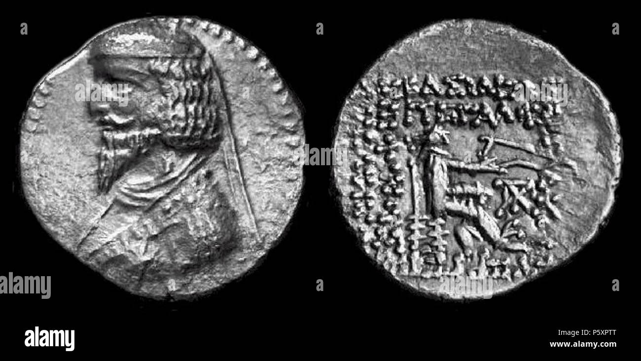 N/A. Englisch: Münze von Phraates III der Parther von der Minze in Ekbatana. Die Rückseite zeigt eine sitzende Archer Holding einen Bogen. Die griechische Inschrift lautet (großer König). 2. April 2005 (original Upload Datum). Ddr-en. 365 Münze von Phraates III der Parthia Stockfoto