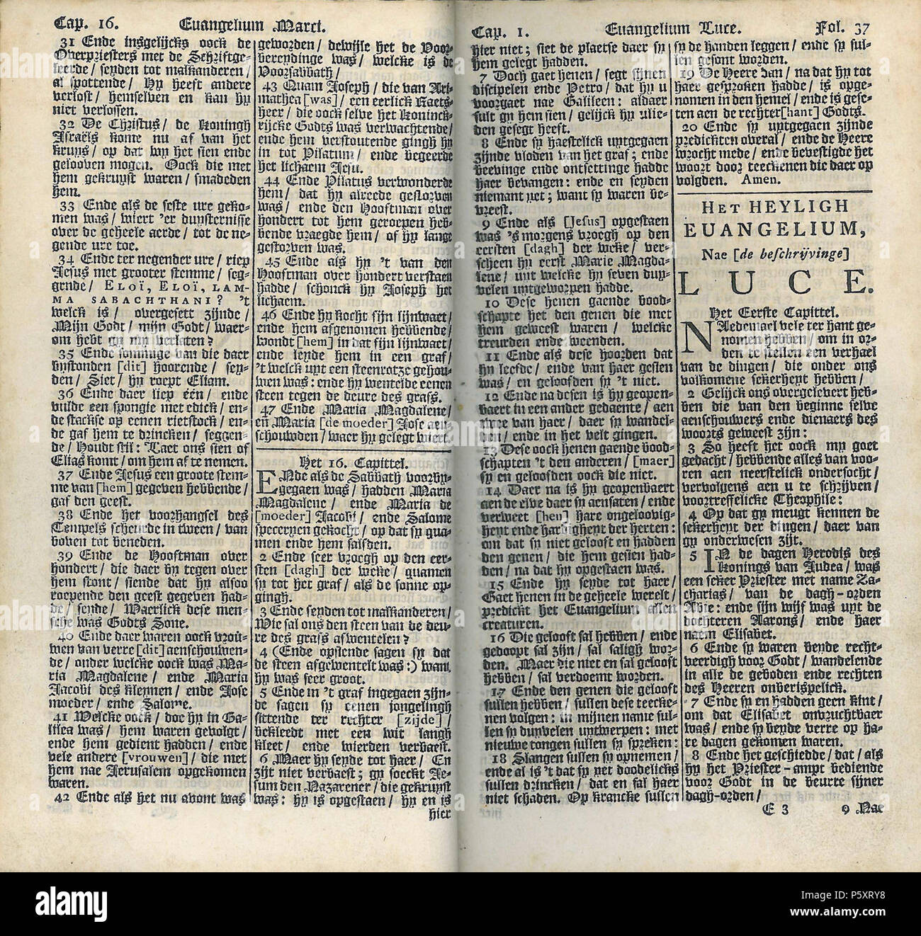 N/A. Englisch: letzte Kapitel des Markusevangeliums und der Beginn der Lukas als ein Beispiel für die Verwendung von textualis Skript in Niederländischer Sprache Publikationen. 1853. Nederlandsche Bijbel-Compagnie 487 DutchFraktur Stockfoto