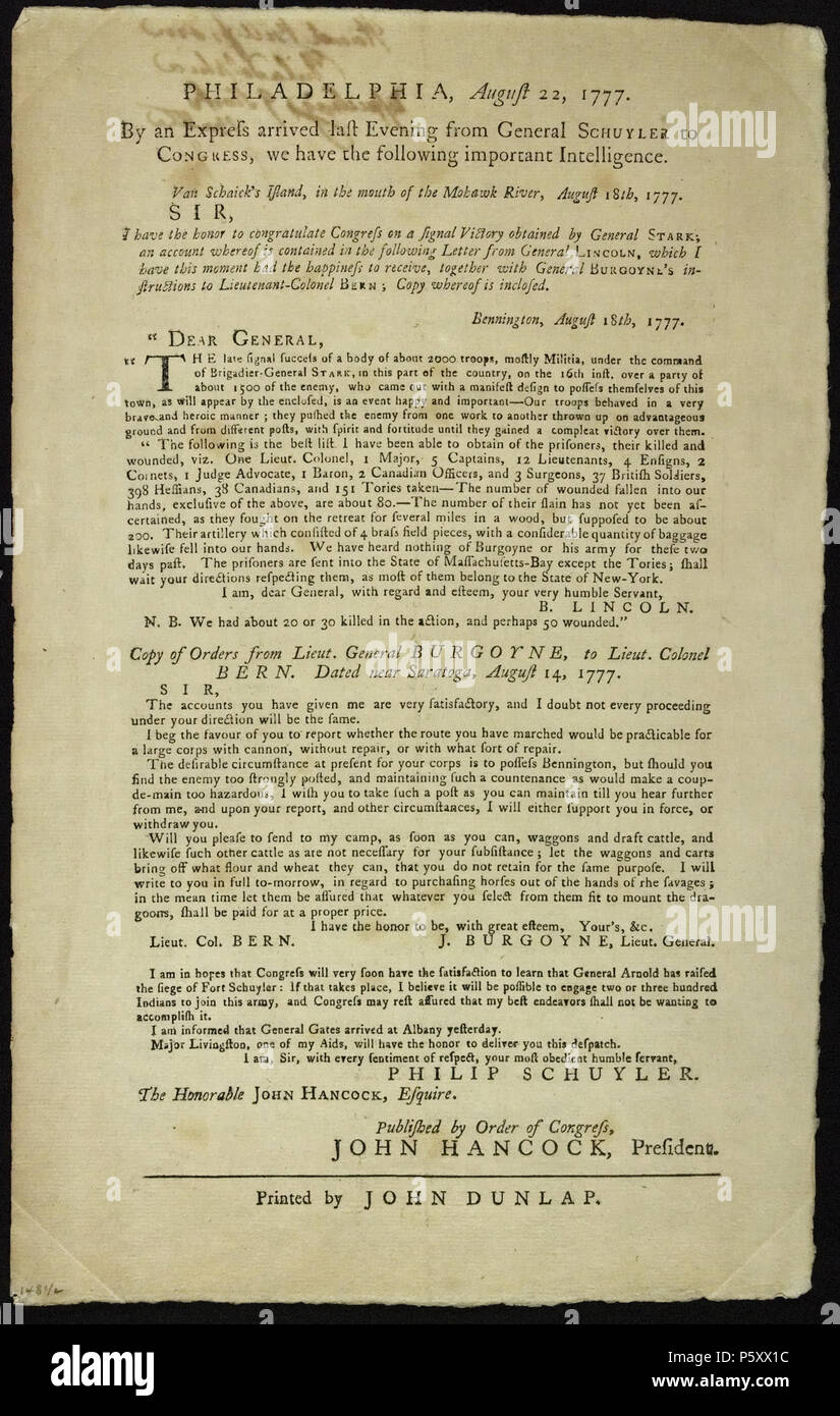 N/A. Englisch: Breitseite vom Kontinentalen Kongress, unterzeichnet von Präsident John Hancock und von John Dunlap gedruckt, referenzieren Brief von General Benjamin Lincoln. Dokumente aus dem Continental Congress und der Verfassungsgebenden Versammlung, 1774-1789, Bibliothek des Kongresses, Washington, D.C., 22. August 1777. Continental Congress, John Dunlap 377 Continental Congress John Hancock General Benjamin Lincoln Stockfoto