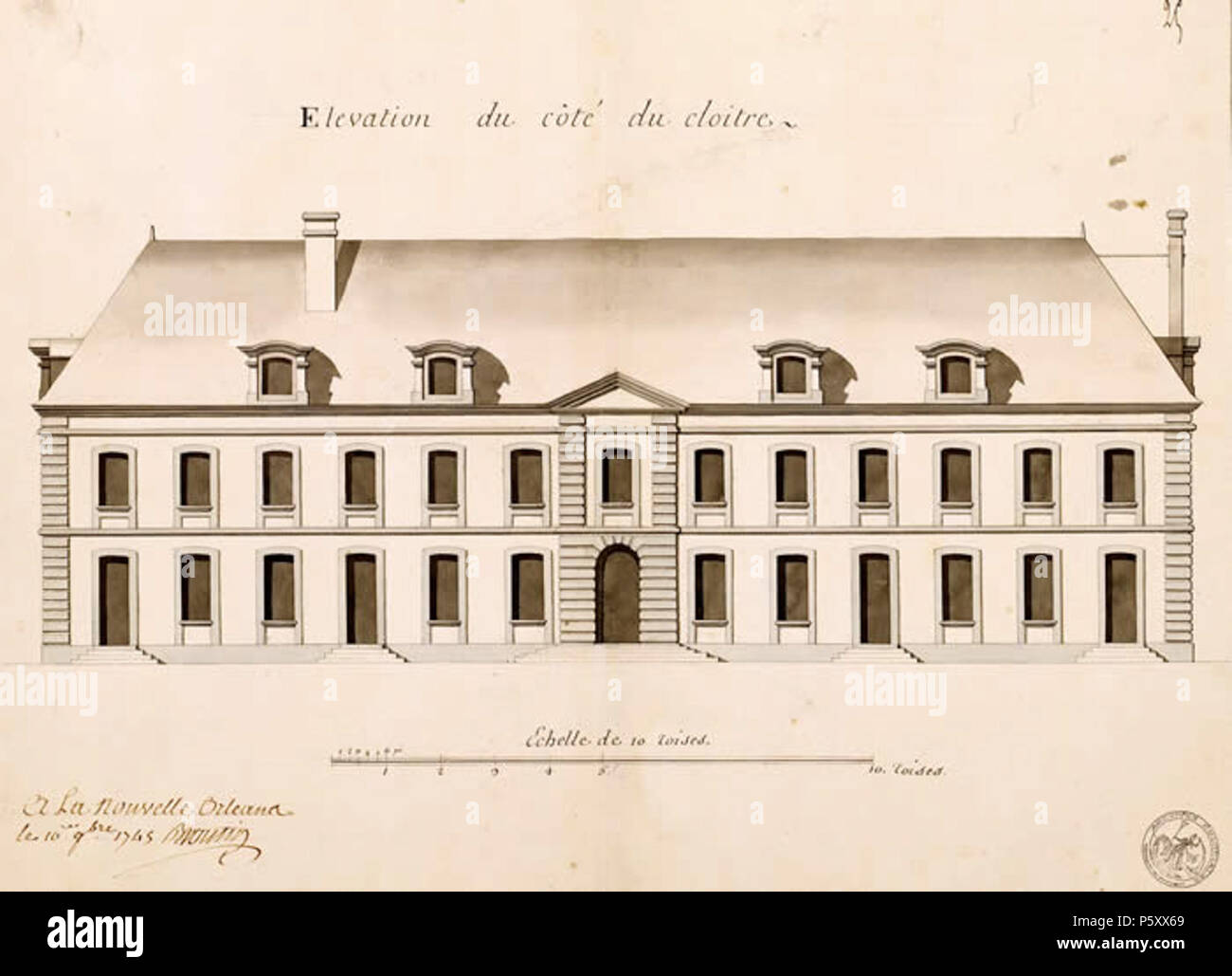 N/A. La Nouvelle Orléans, zweite Ursulinenkloster Gebäude, 1745, Bauzeichnung von Ignace François Broutin. 1745. Ignace François Broutin 377 ConventElevationNouvelleOrleans 1745 Stockfoto