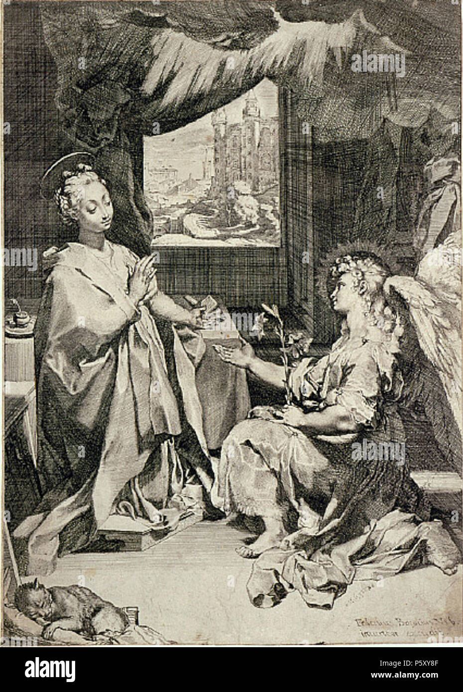 N/A. Die Annunication. Ätzen und Gravieren mit kaltnadel, 17 1/4 x 12 1/4 in. (43,8 x 31,1 cm). Zustand II/II. ca. 1585. Federico Barocci 551 Federico Barocci - Die Verkündigung Stockfoto