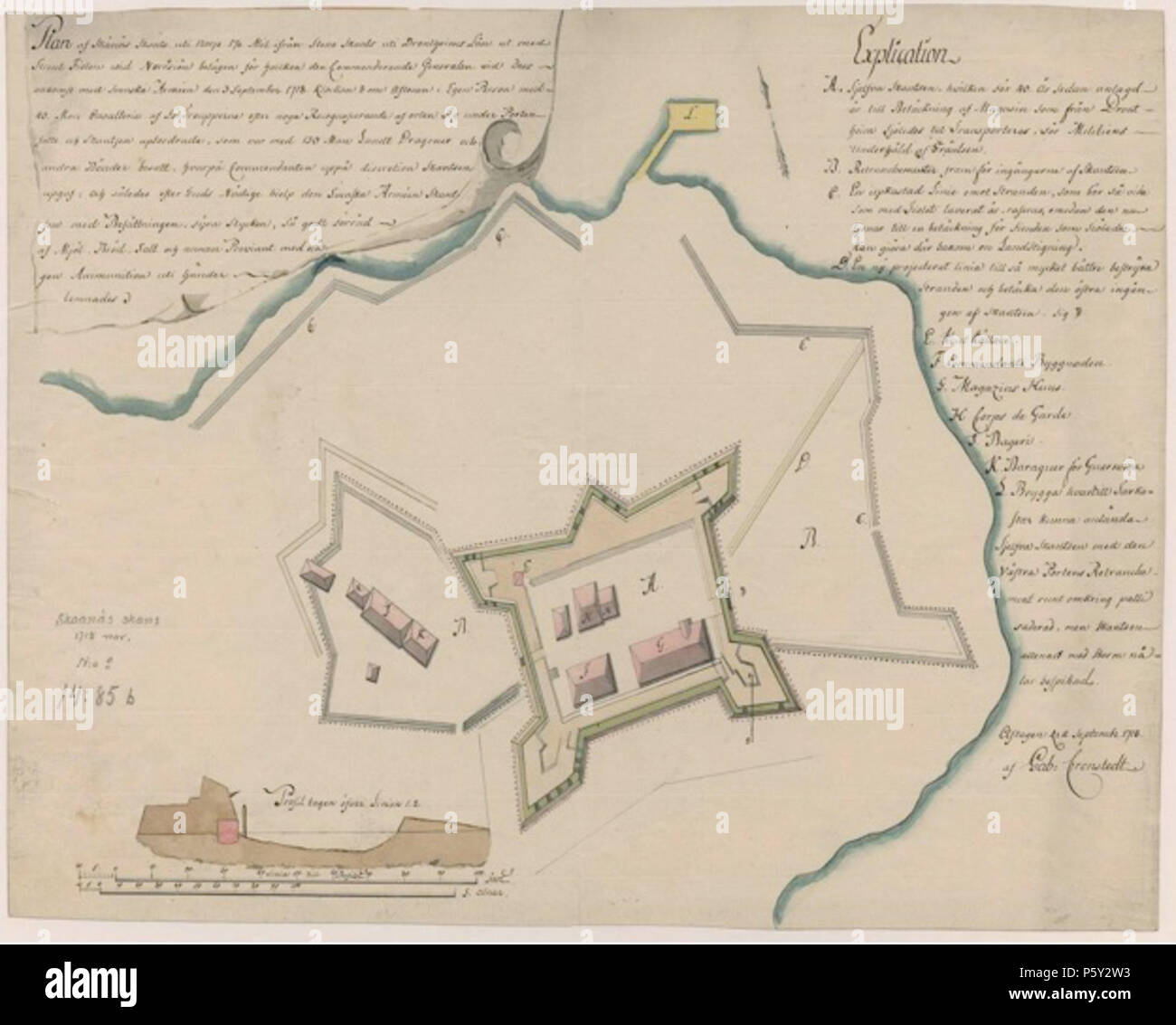 N/A. Deutsch: Karte der Anreicherung von Skånes in Levanger. Norsk Bokmål: Kart über Skånes skanse ich Levanger. 1718. Akv Cronstedt 391 Cronstedt 1718 Stockfoto