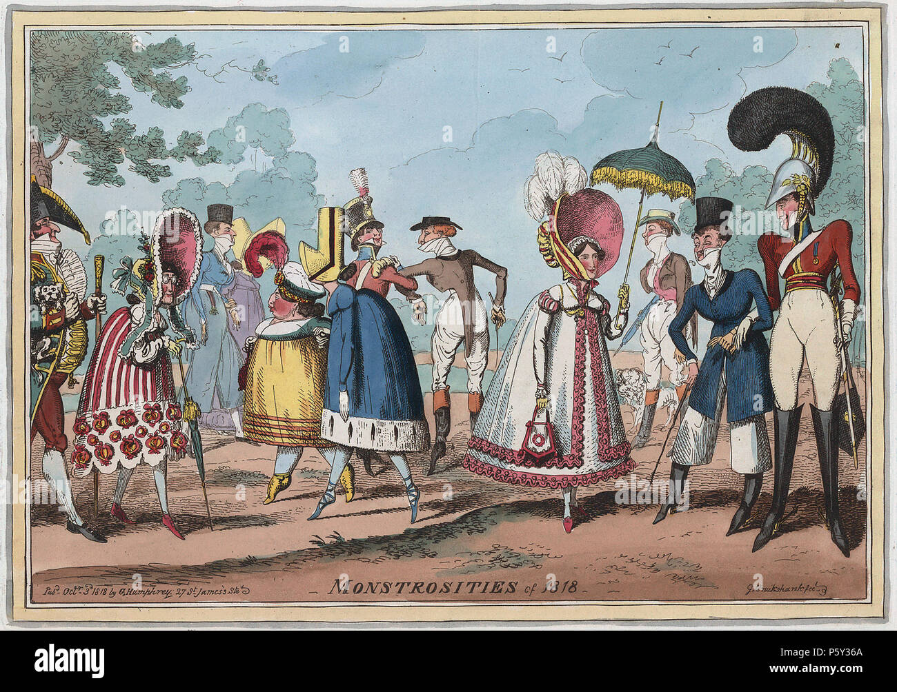 N/A. Bin onstrosities von 1818", den 3. Oktober 1818 Karikatur von George Cruikshank übertreiben die neuesten Trends. Für Frauen, das war ein Trend zu einer konische Silhouette (im Gegensatz zu den schmalen festhalten Röcke der Ca. Zeitraum 1797-1815) und großen motorhauben - und für Männer, extrem hohen Krawatte am Hals, schmale Schwänze der Frack, und das Tragen von Korsetts (männlich). Von einer alten Karikaturisten 'Trick, der Frauen Röcke werden kürzer, als sie im realen Leben gewesen wäre. Die Männer voll zu Fuß arm-in-Arm war recht häufig und sozial zu der Zeit akzeptabel. Von ima Bearbeitet Stockfoto