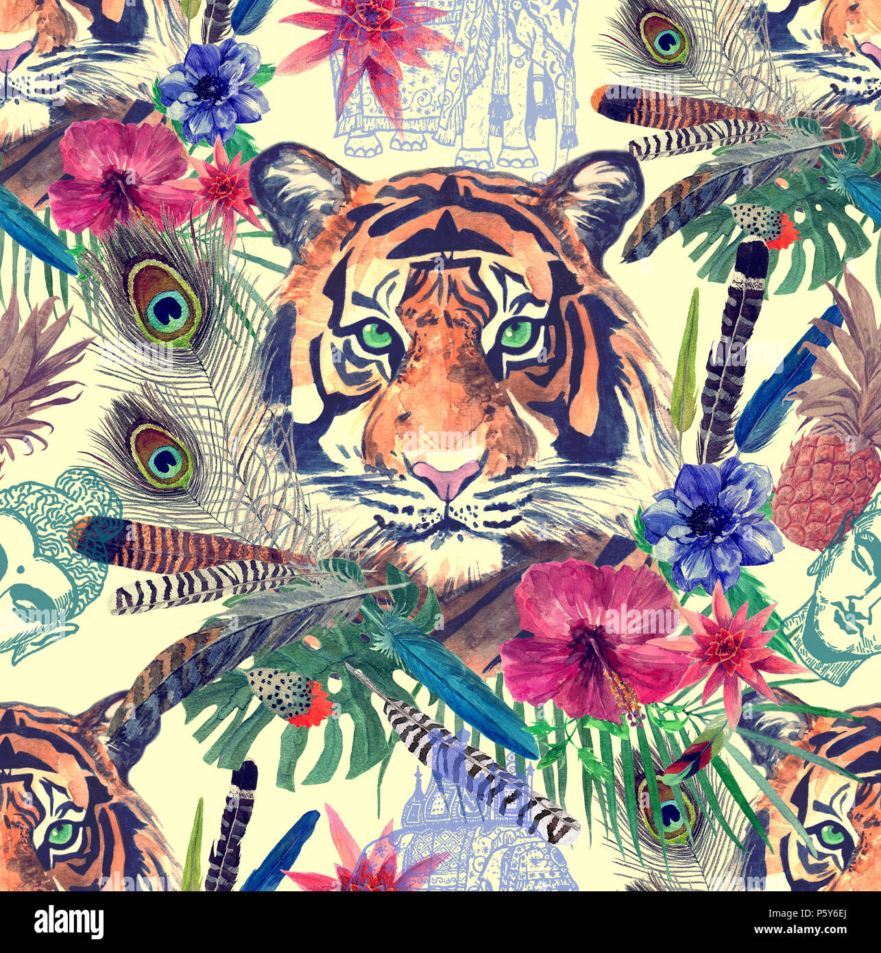 Nahtlose aquarell Patten mit Tiger Köpfe, Blätter, Blume, Federn. Stockfoto