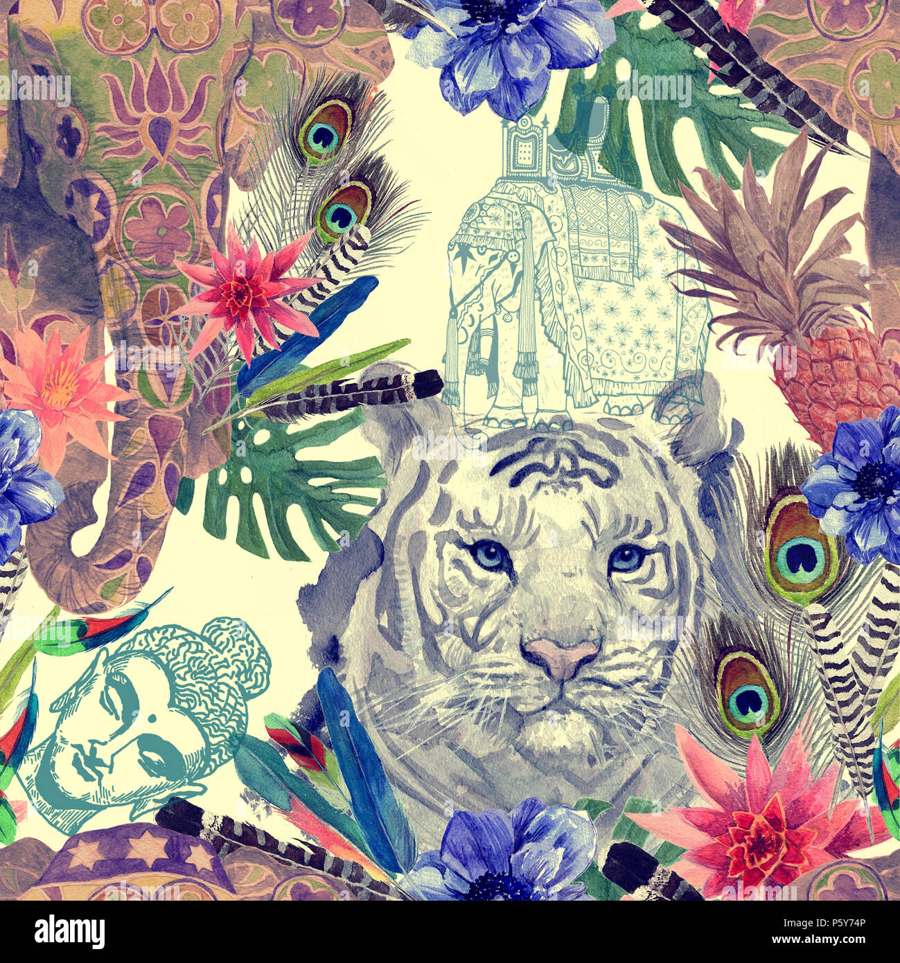 Nahtlose aquarell Muster mit Tiger, Elefanten. Stockfoto