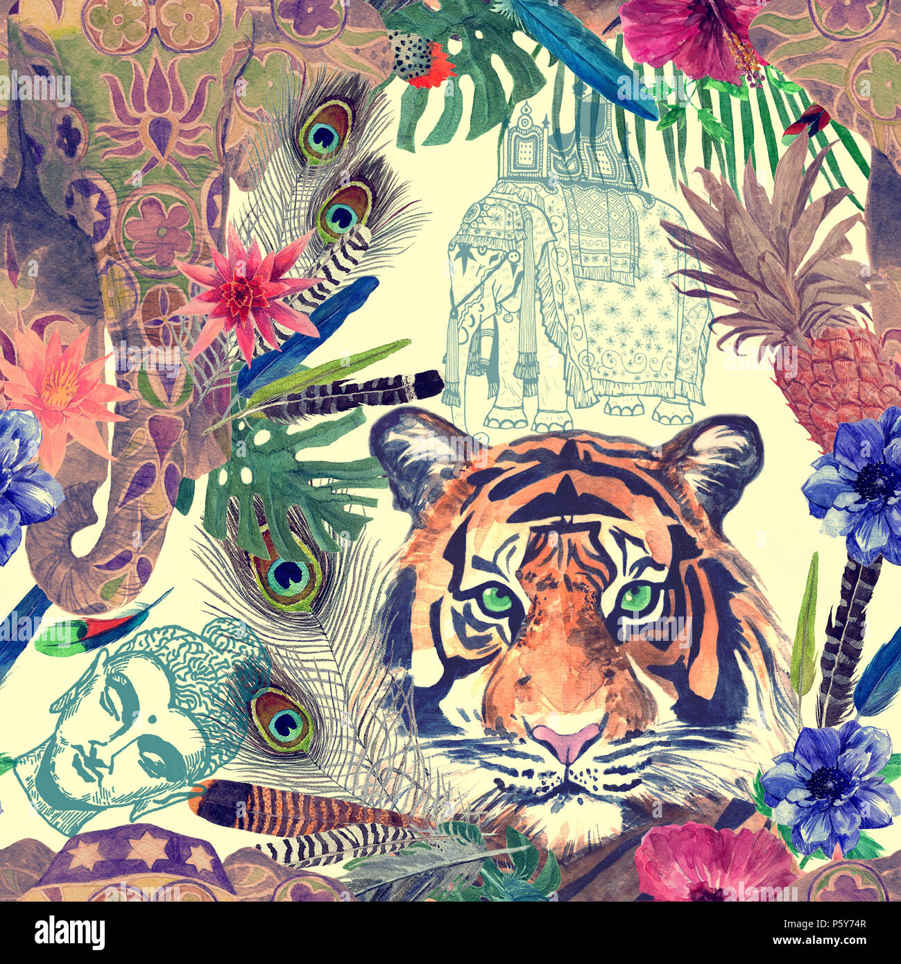 Nahtlose aquarell Muster mit Tiger, Elefanten. Stockfoto