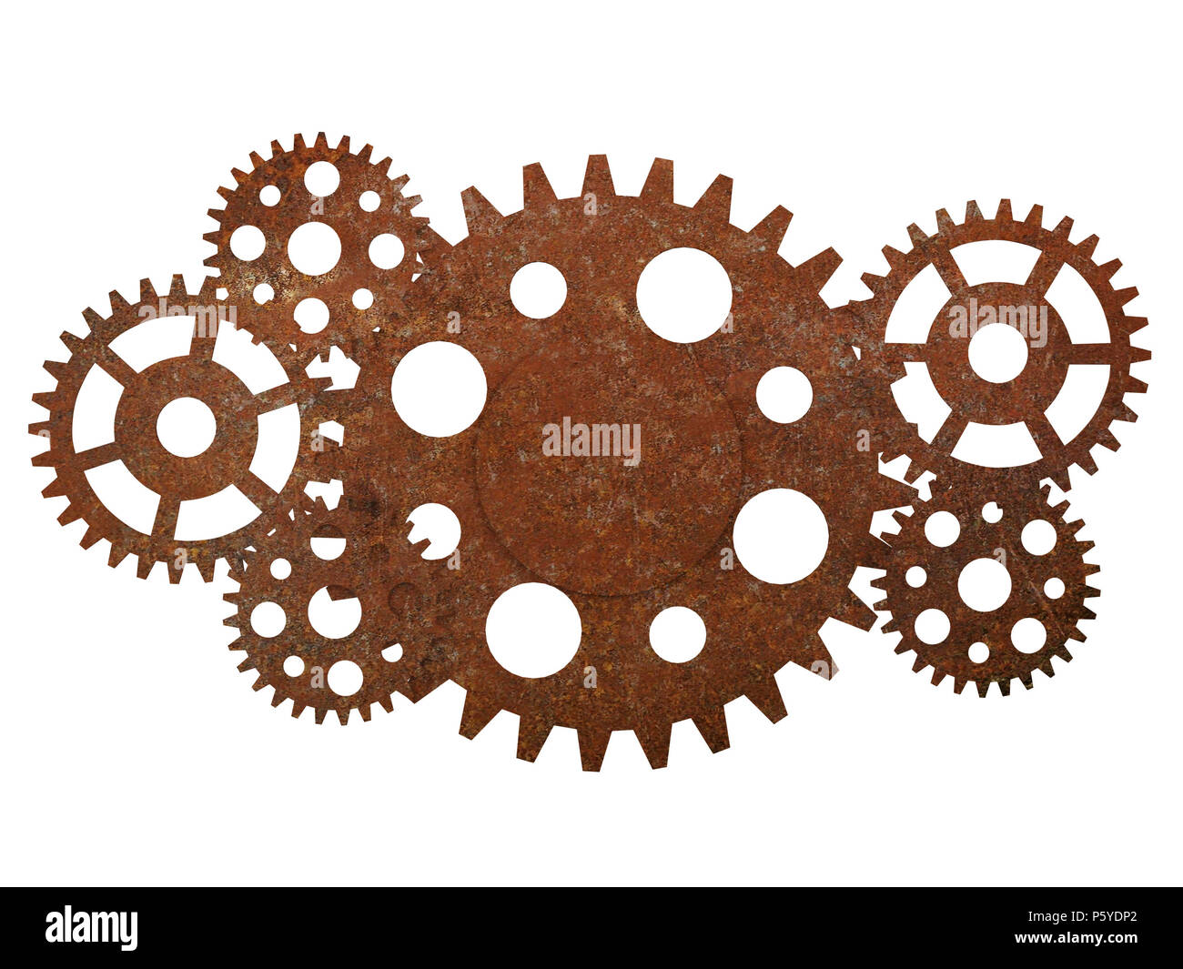 Rusty Getriebe und Zahnräder auf weißem Hintergrund Stockfoto