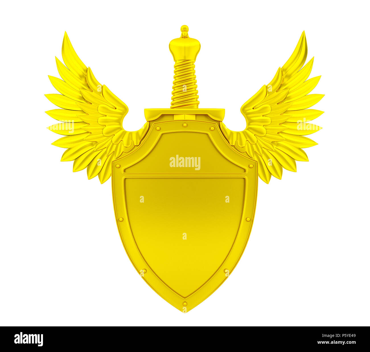 Goldener Schild mit Flügeln und Schwert Stockfoto