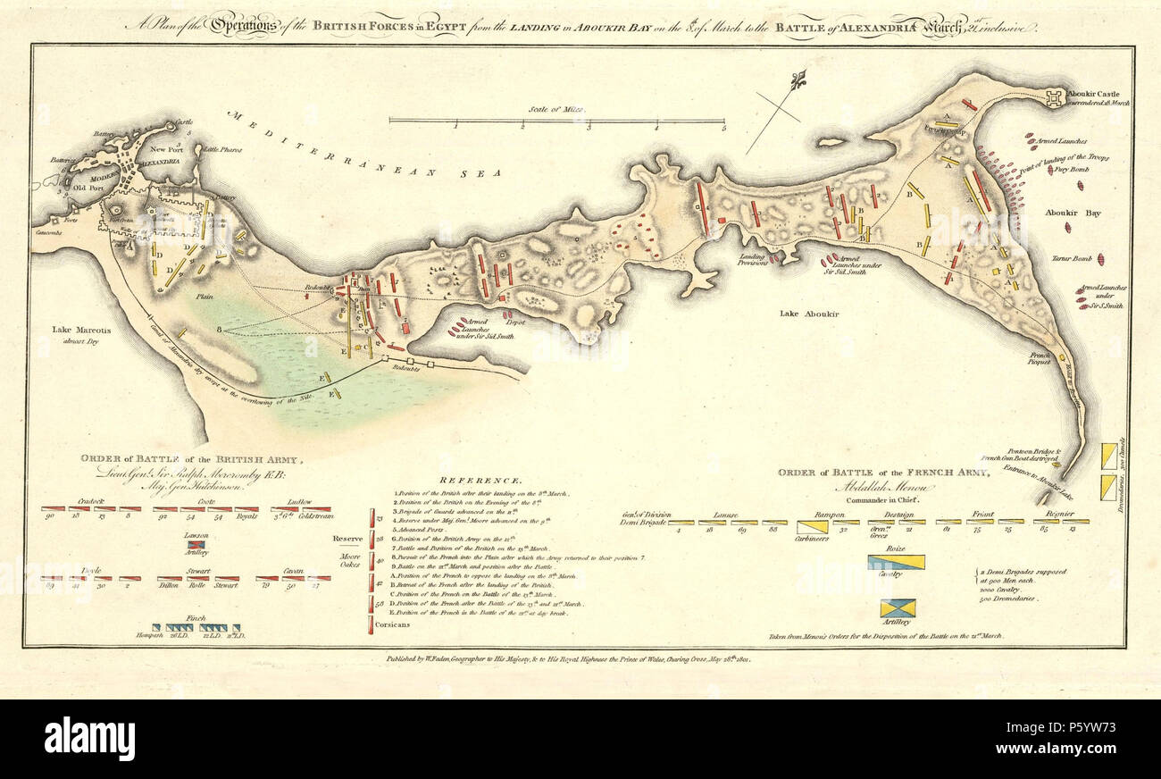 N/A. Ein Plan der Operationen der britischen Streitkräfte in Ägypten von der Landung in Aboukir Bay am 8. März um die Schlacht von Alexandria März 21 inklusive. 28. Mai 1801. William Fadden, Geograph Seiner Majestät, und an Seine Königliche Hoheit der Prinz von Wales 544 Faden 1801 alexandria Schlacht Stockfoto