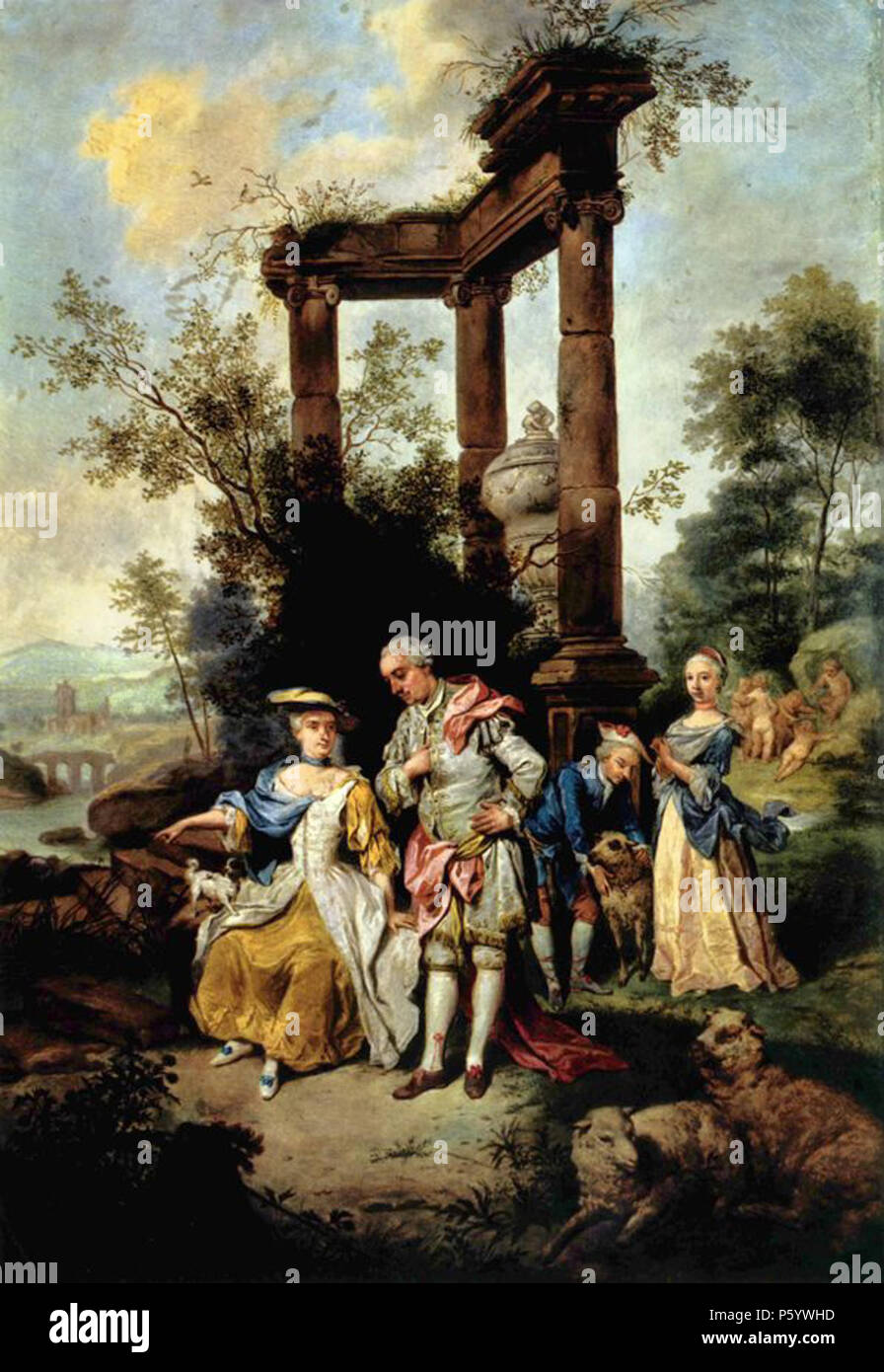 English: Familie Goethe in Schäfertracht. Englisch: Goethes Familie als Hirten. Von links nach rechts: Catharina Elisabeth Goethe, Johann Caspar Goethe, Johann Wolfgang Goethe, Cornelia Goethe links. 1762. N/A 547 FamilieGoetheOelgemaeldeSeekatz 1763 Stockfoto