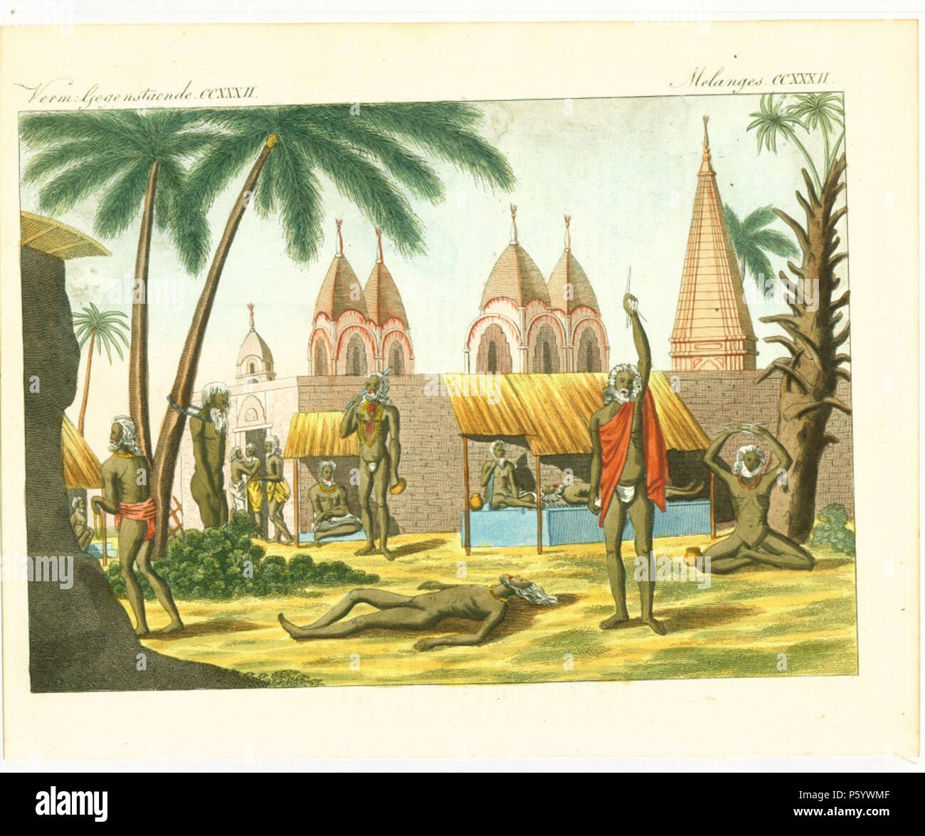 N/A. Einige Wunder von Indien von Friedrich und Carl Bertuch, 1801-15 Quelle: ebay, März 2005 "Drei handkoloriert copperplage Gravuren: "INDISCHE TRACHTEN', 'INDISCHE BÜSSENDE" & "INDISCHE GAUKLER." Platte 1: Mönch, Fakir, Schriftsteller und Prozession Wagen.[1. Hinduistische Bettelmönche friar (pandarum); 2. Fakir; 3. Sekretärin oder Schreiber; 4. Schlitten geladen mit den Götzen; 5. Hackery (Taxi).] Platte 2: Drei Büßer. Platte 3: Tumbler und Schlangenbeschwörer. Diese sind Platten Nr. 16 bis 18 von Vol.11 der zweiten Ausgabe von "Bilderbuch zum Nutzen und Vergnügen der Jugend', erste verfasst und von Friedrich Justin Bertuch veröffentlicht. Stockfoto