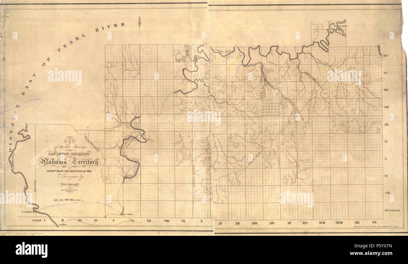 N/A. 'Map der späten Erhebungen im Südlichen Bezirk der Alabama Gebiet". Übersicht Gemeinde Erhebungen im Südosten von Alabama, einschließlich künftiger Hauptstädte Cahaba und Montgomery. 1818. John Gardiner; Herausgeber: Tanner, Vallance Kearny & Co., Philadelphia 28 1818 Südostalabama Townships Stockfoto