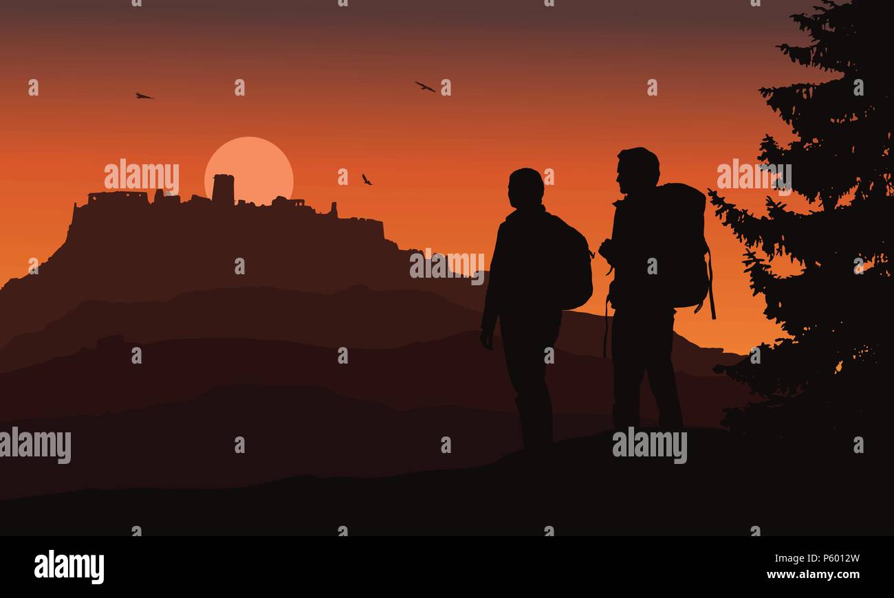 Burg auf einem Hügel mit zwei Touristen in den Vordergrund, unter einer Nacht orange sky und Vögel-Vektor Spis Schloss, Slowakei Stock Vektor