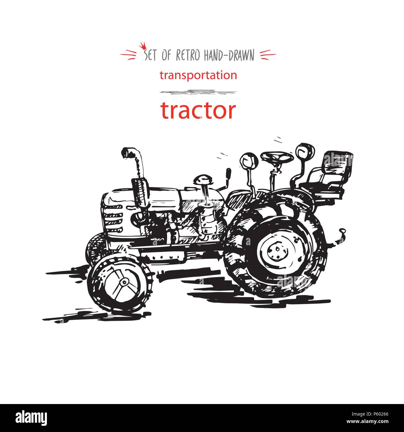 Handgezeichneten vintage Transport des Traktors. Schnelle Tuschezeichnung. Vector schwarz Abbildung auf weißem Hintergrund Stock Vektor